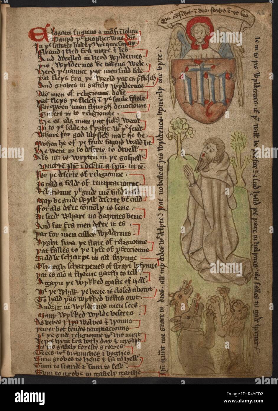 Pagina di un manoscritto da 'il deserto della religione". Il Deserto della religione e altre poesie e pezzi religiosi, ecc. principalmente illustrato, nel Nord inglese. ' Elongaui fugiens et mansi in solitudine ': il Deserto della religione, una poesia in circa 470 baciata (esclusiva dei versi attaccato ai disegni), con disegni di alberi simbolica, foto di eremiti, ecc. Altre copie sono in cotone MS. Faust. B. Vi. Pt. ii. (Dove è attribuita da Richard James a Walter. Hilton, ma Sir F. Madden dubbi l'attribuzione), e Stowe MS. 39, f. Mi Ob. Non ci sono variazioni in elenco e ordine di Foto Stock