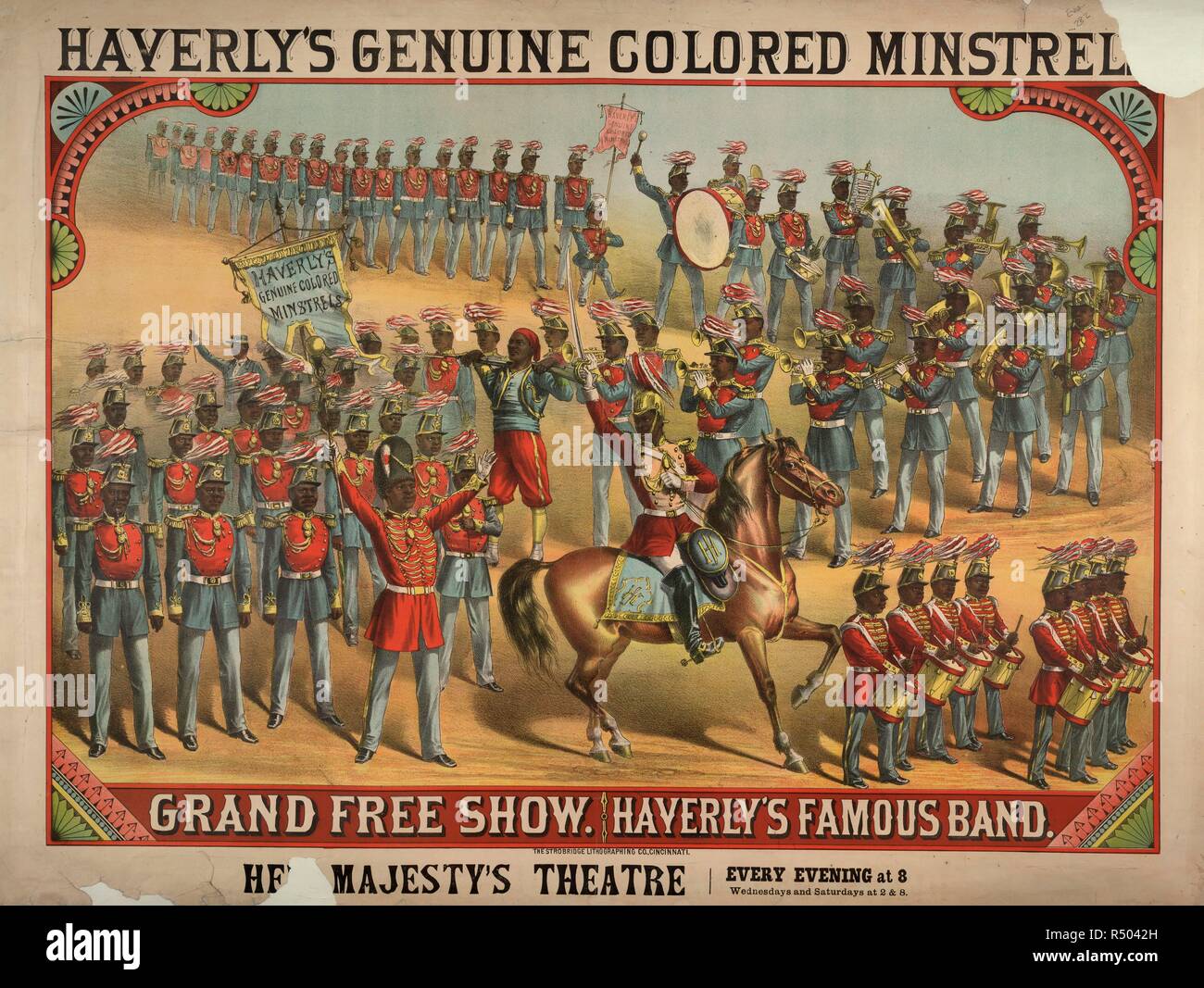 "Haverly Genuine menestrelli colorati' Her Majesty's Theatre, Westminster, c. 1878. Il grande braccio nero. Intrattenimento da musicisti di nero. Giullari. Una collezione di opuscoli da locandine e stampati vari. Originariamente pubblicato/prodotto in London, 1800 - 1895. Immagine presa da una raccolta di opuscoli da locandine e stampati vari in materia di intrattenimento in stile vittoriano e la vita di tutti i giorni. Originariamente pubblicato/prodotto in London, 1800 - 1895. Fonte: Evan.282. Lingua: Inglese. Foto Stock