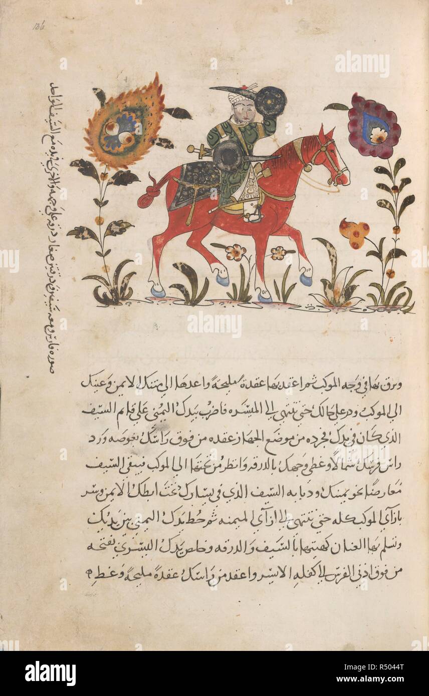 Cavaliere. Nihayat al-su'l, un manuale di equitazione e mili. La siria/Egitto, 1371. Un cavaliere con due spade e due piccoli scudi nascondi, uno fino alla sua faccia e l'altra portata nella sua mano con una spada. Un lungo-maneggiato macis sporge sul suo ginocchio destro sotto il suo indumento esterno. Immagine presa da Nihayat al-su'l, un manuale di equitazione e pratica militare. Originariamente pubblicato/prodotto in Siria/Egitto, 1371. . Fonte: Aggiungi. 18866, f.136. Lingua: Arabo. Foto Stock
