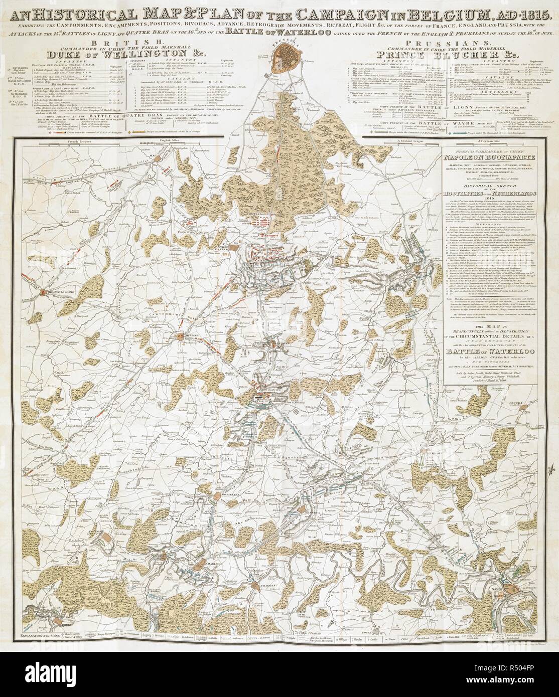 Una mappa storica e pianificazione della campagna in Belgio, D.C.1815 ... con gli attacchi del 15th. Battaglie di Ligny e Quatre Bras il sedicesimo e della Battaglia di Waterloo ... La battaglia di Waterloo, anche di Ligny e Quatre-Bras descritto da ... un osservatore vicino ... [Un racconto da C. A. Eaton, con un disegno di J. Waldie... da schizzi di Captain G. Jones. 2 vol. John Booth; T. Egerton: Londra, 1817. Fonte: G.5651 ultima piastra in vol.2. Autore: Eaton, Charlotte Anne. Foto Stock