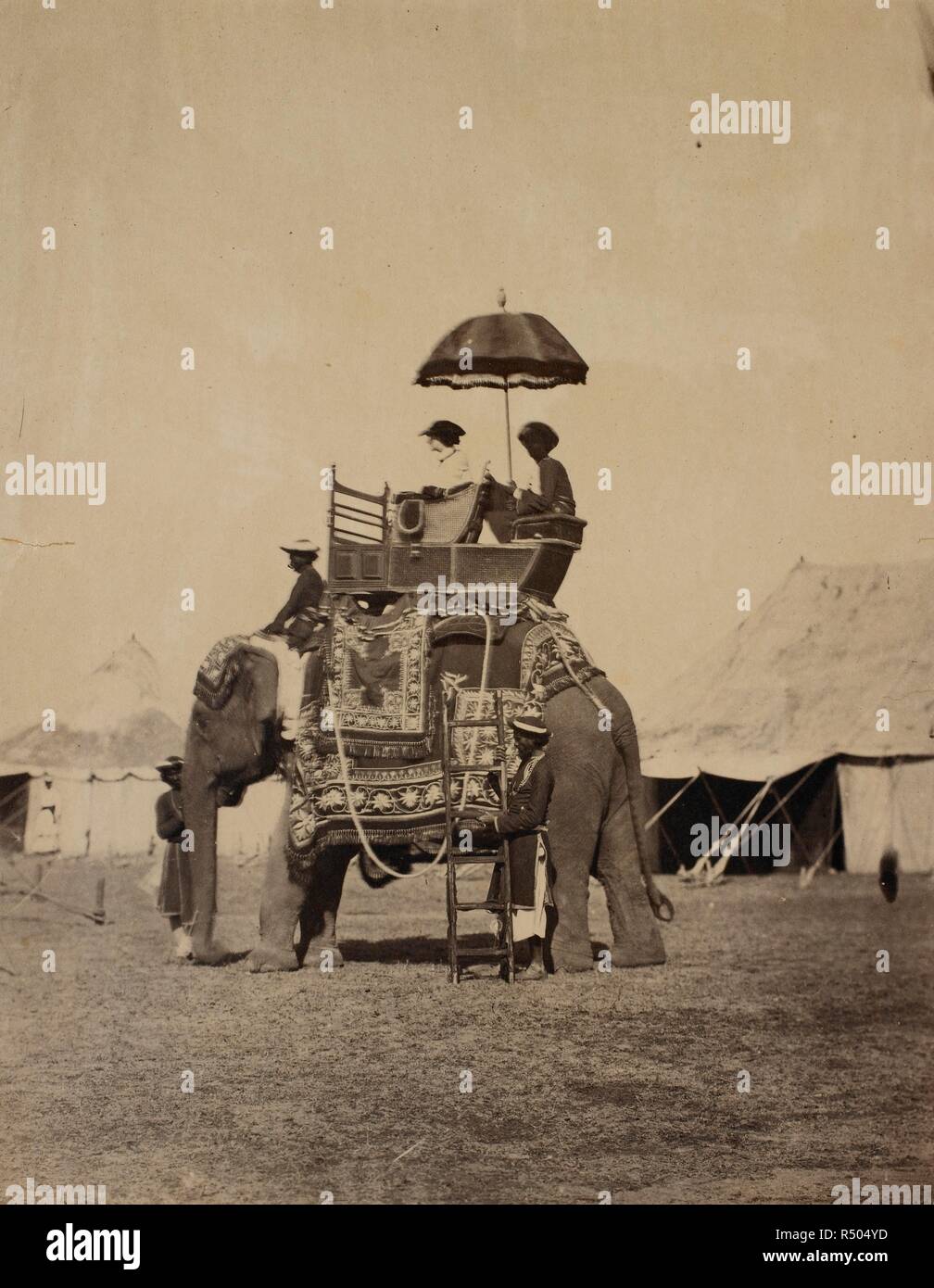 Vista laterale di un elefante con Lady Canning in seduta howdah, schermato da un ombrello tenuto dal servo seduto dietro di lei. Signora Canning [su elefante]. Camp - 1861.La storia di due nobili vive. India. Signora Bayley è nota sotto la stampa afferma che ella era "andando a sketch.' Fotografo: Mallitte, Oscar Jean Baptiste . 1861 . Fonte: mss.Eur/D/661 foto 12. Lingua: Inglese. Autore: Jean Baptiste Oscar Mallitte. Lepre, Augusto. Foto Stock