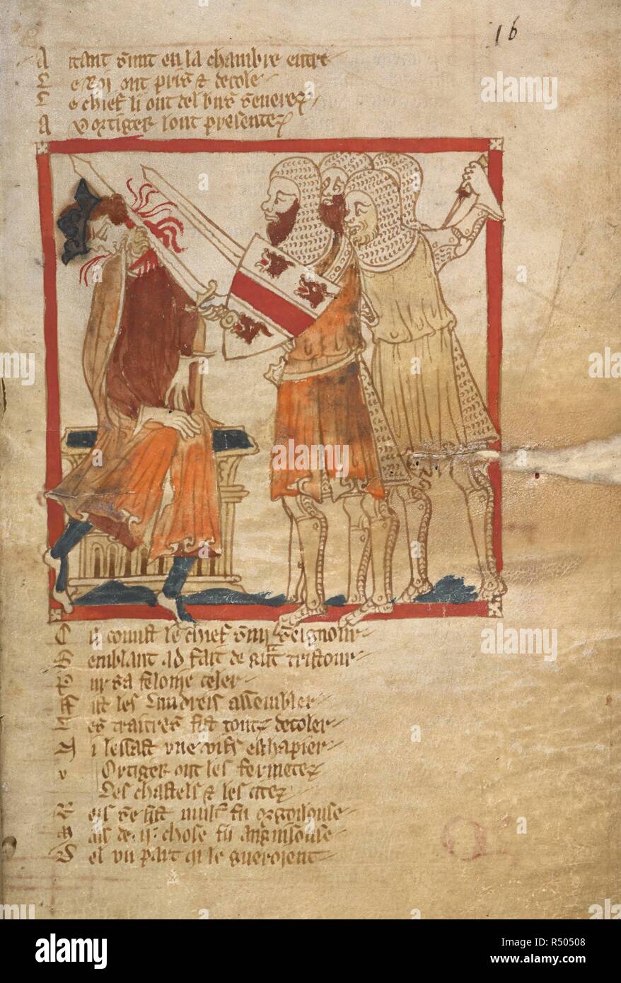 Gli Scozzesi uccidere King Constans. Romanzi in francese versetto ... Il XIV secolo. Fonte: Egerton 3028 f.16. Autore: Wace, Canon di Bayeux. Foto Stock