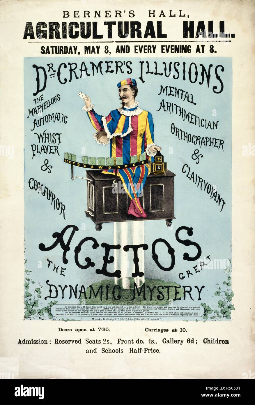 Un poster per il Dottor Cramer's illusioni in Berner's Hall, il Royal Agricultural Hall, Islington. La meravigliosa durate automatico player & conjuror, arithmetician mentale, orthographer e chiaroveggente. Acetos, il grande mistero dinamico. Un sistema automatico di figura, 26 pollici alto, seduto su una scatola e isolato su un piedistallo di vetro. Una collezione di opuscoli da locandine e stampati vari in materia di intrattenimento in stile vittoriano e la vita di tutti i giorni. Montague Chatterton & Co. Lith. 38 Acton San Gray's Inn Rd London, 1880. Robot; illusioni ottiche; maghi; trucchi di magia; percezione visiva. . Fonte: Foto Stock