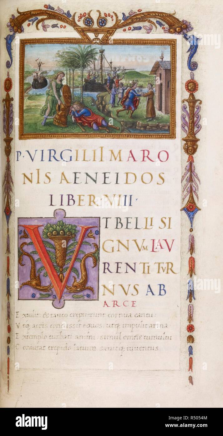 Bracci di Venere Enea in primo piano e sulla destra, Enea incontra Evander,  all'inizio del VII libro dell'Eneide di Virgilio e decorate iniziale  'U'(t). Il manoscritto fu probabilmente prodotta per Ludovico Agnelli