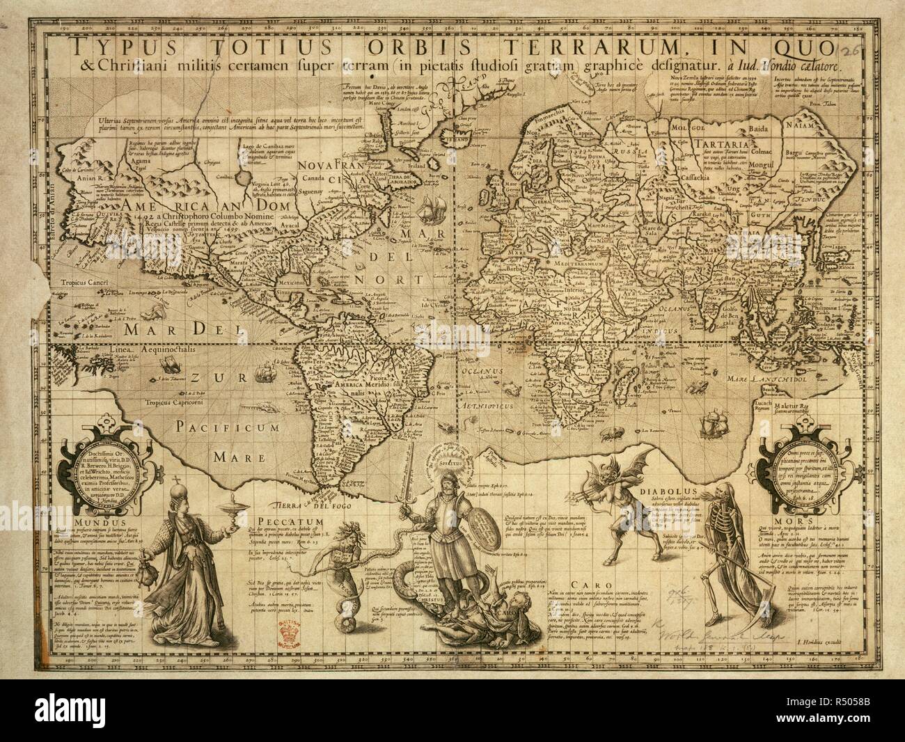 Mappa del mondo. Lungo la parte inferiore della mappa sono finemente incisa figure di un cavaliere cristiano assalito da Mundus, Peccatum, caro, e Diabolus Mors ....questo argomento sembra essere derivata da una incisione di Jerome Wierix dopo Martin de Vos. La mappa è sulla proiezione di Mercatore la proiezione. . Typus totius orbis terrarum in quo & Christiani militis certamen super terram, in pietatis gratiam studiosi, graphicÃ¨ designatur Ã Iud. Hondio caelatore. Amsterdam, [1596?]. Typus totius orbis terrarum in quo & Christiani militis ... . Fonte: maps.188.k.1.(5). Lingue: Latina. Foto Stock