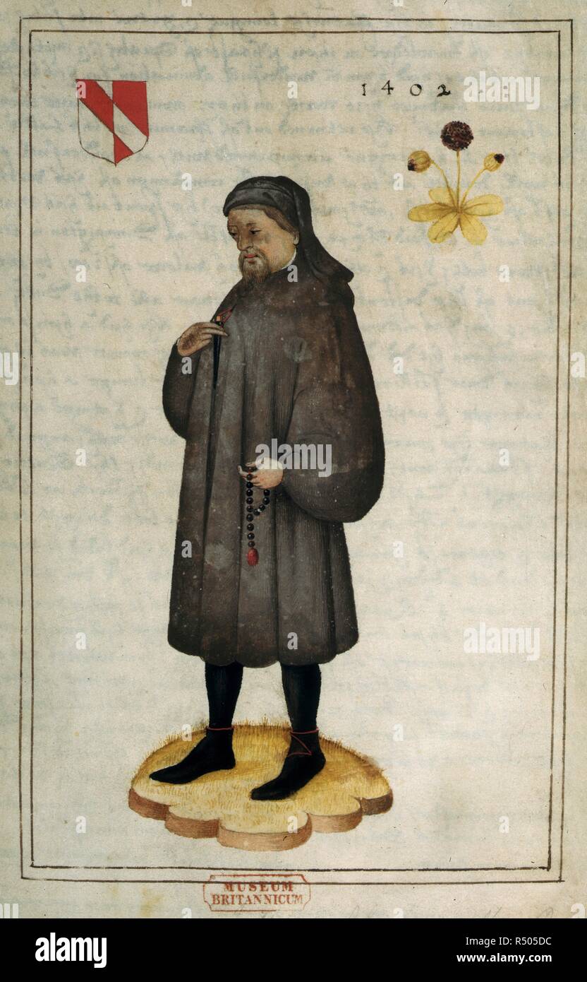 Ritratto di Chaucer. Ritratto e vita di Chaucer. Inghilterra; xvi secolo. (Intero folio) Ritratto di Chaucer, con, in alto a sinistra le sue braccia. Immagine presa da verticale e la vita di Chaucer. Originariamente pubblicato/prodotto in Inghilterra; xvi secolo. . Fonte: Aggiungi. 5141, f.1. Lingua: Inglese. Foto Stock