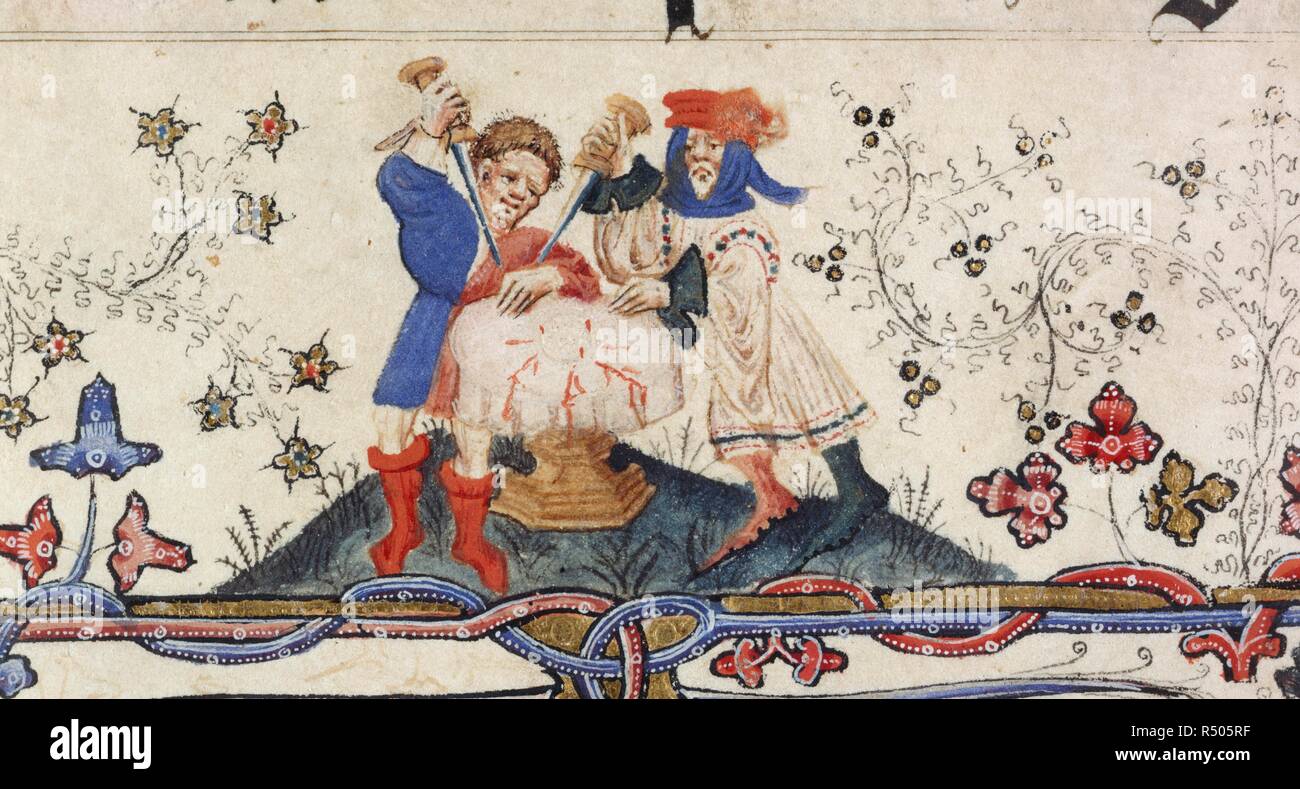 Gli uomini dissacrante un host. Lezionario Lovel. Inghilterra [diocesi di Salisbury]; prima del 1408. [Dettaglio] marginale illustrazione di due uomini con pugnali dissacrante un Host immagine presa dal lezionario Lovel. Originariamente pubblicato/prodotto in Inghilterra [diocesi di Salisbury]; prima del 1408. Fonte: Harley 7026, f.13. Lingue: Latina. Autore: GIOVANNI SIFERWAS. Foto Stock