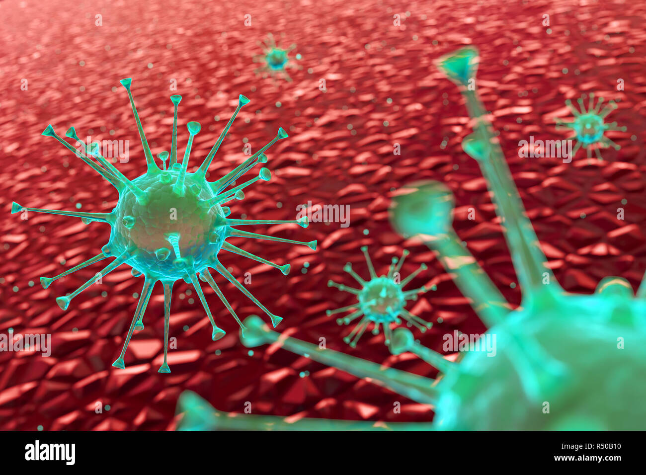 Modello 3D di alcuni virus o batteri nel suo ambiente di microscopiche Foto Stock