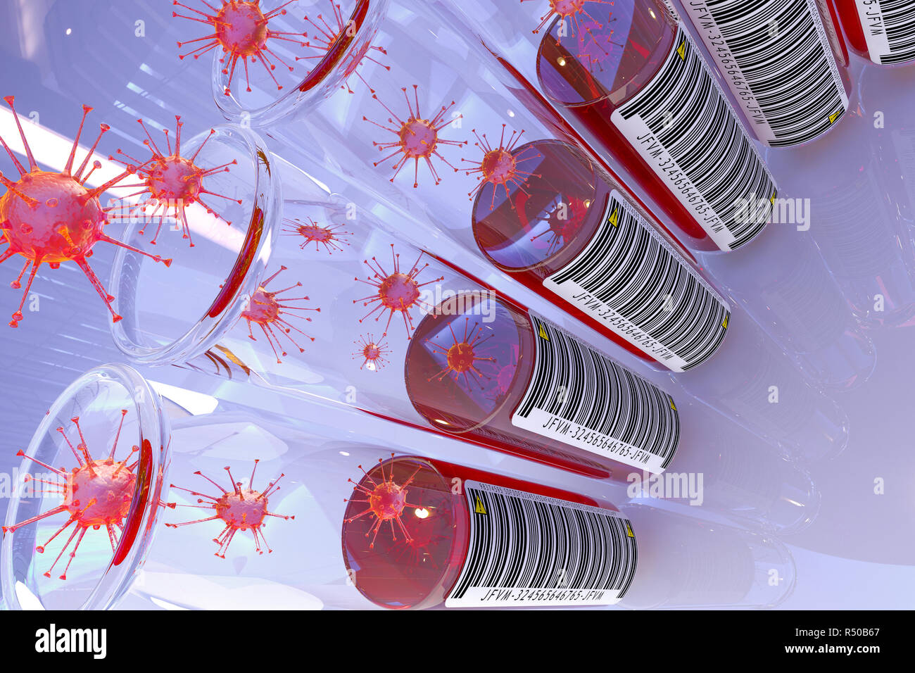 Alcuni vasi di laboratorio tubo con sangue samplest, etichettati con codici a barre e simboli di avvertenza e i campioni sono infettati o avere qualche potenziale pericolo Foto Stock