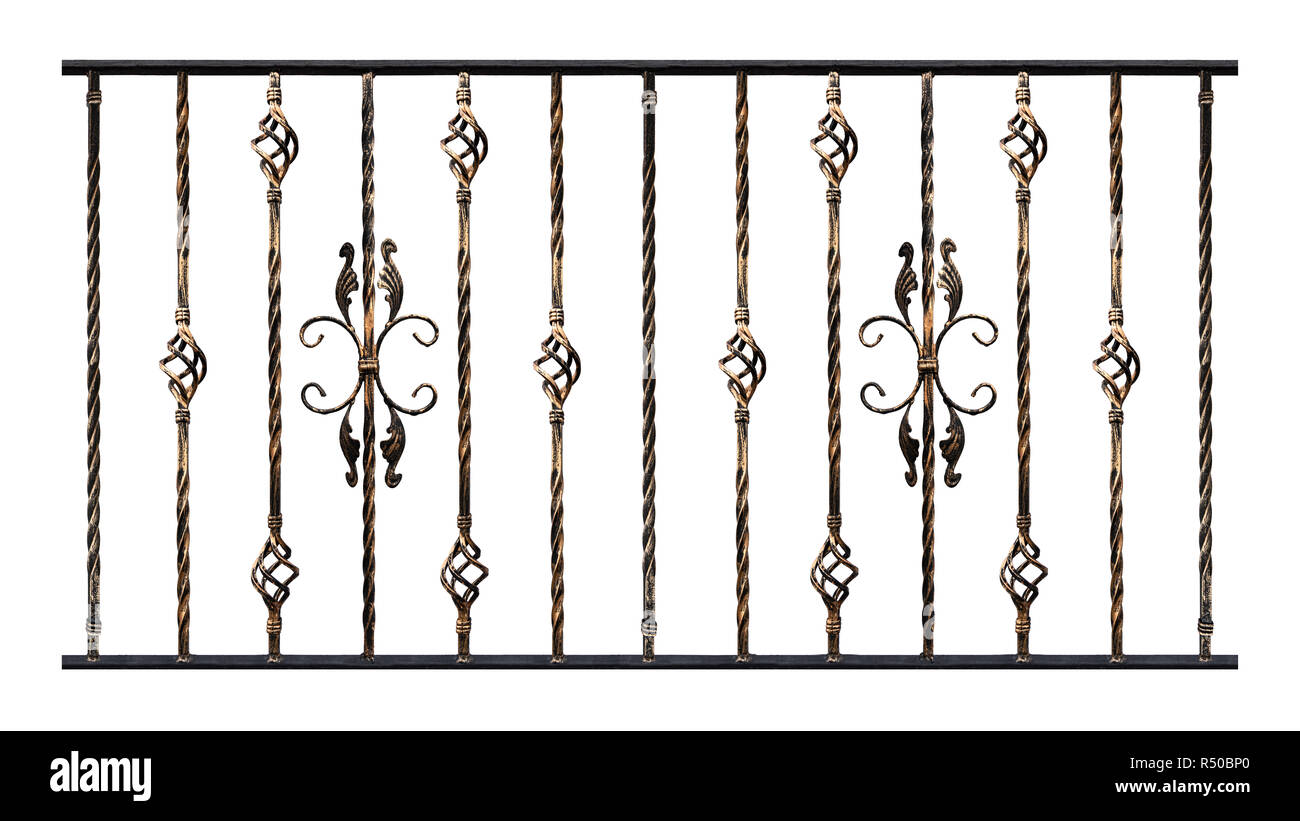 Campioni di prodotti fucinati isolati su sfondo bianco, con effetto di doratura. Elementi di lavoro di designer. Elemento di decoro di scale Ringhiere o ba Foto Stock