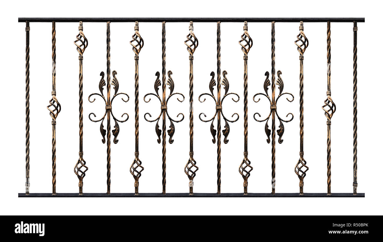 Campioni di prodotti fucinati isolati su sfondo bianco, con effetto di doratura. Elementi di lavoro di designer. Elemento di decoro di scale Ringhiere o ba Foto Stock