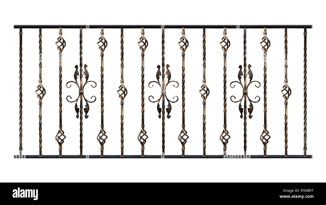 Campioni di prodotti fucinati isolati su sfondo bianco, con effetto di doratura. Elementi di lavoro di designer. Elemento di decoro di scale Ringhiere o ba Foto Stock