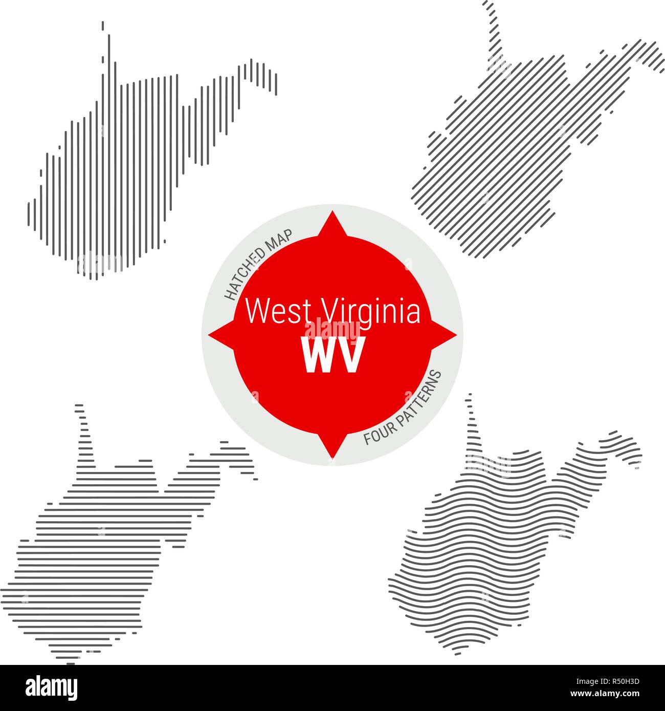 Configurazione tratteggiata mappa vettoriale della West Virginia. Stilizzata semplice Silhouette di West Virginia. Quattro modelli diversi Illustrazione Vettoriale