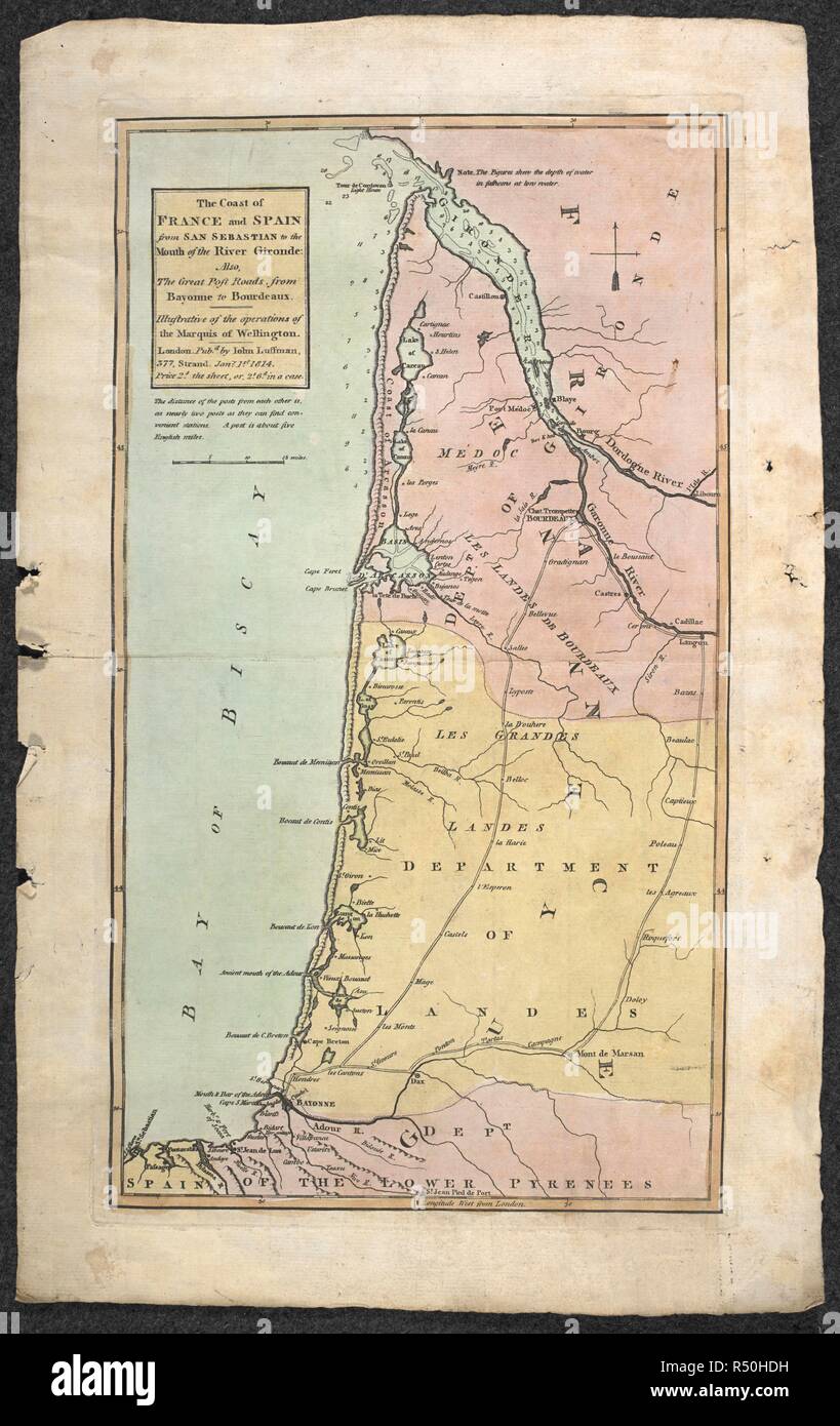 Un xix secolo mappa della costa di Francia e Spagna da San Sebastian alla foce del fiume Gironda. . Inoltre, il grande post strade da Bayonne a Bordeaux. . La costa della Francia e della Spagna da San Sebastian alla foce del fiume Gironda. Inoltre, il grande post strade da Bayonne a Bordeaux. A titolo illustrativo delle operazioni del marchese di Wellington. Londra : pubblicato da J. Luffman, 377, Strand, Jan.y 1.ST 1814. 1 mappa : mano col ; 40 x 22cm.; Scala [ca. 1:600 000]. Miglia, 52 [= 42mm]. Fonte: Mappe CC.5.a.339. Autore: Luffmann, John. Foto Stock