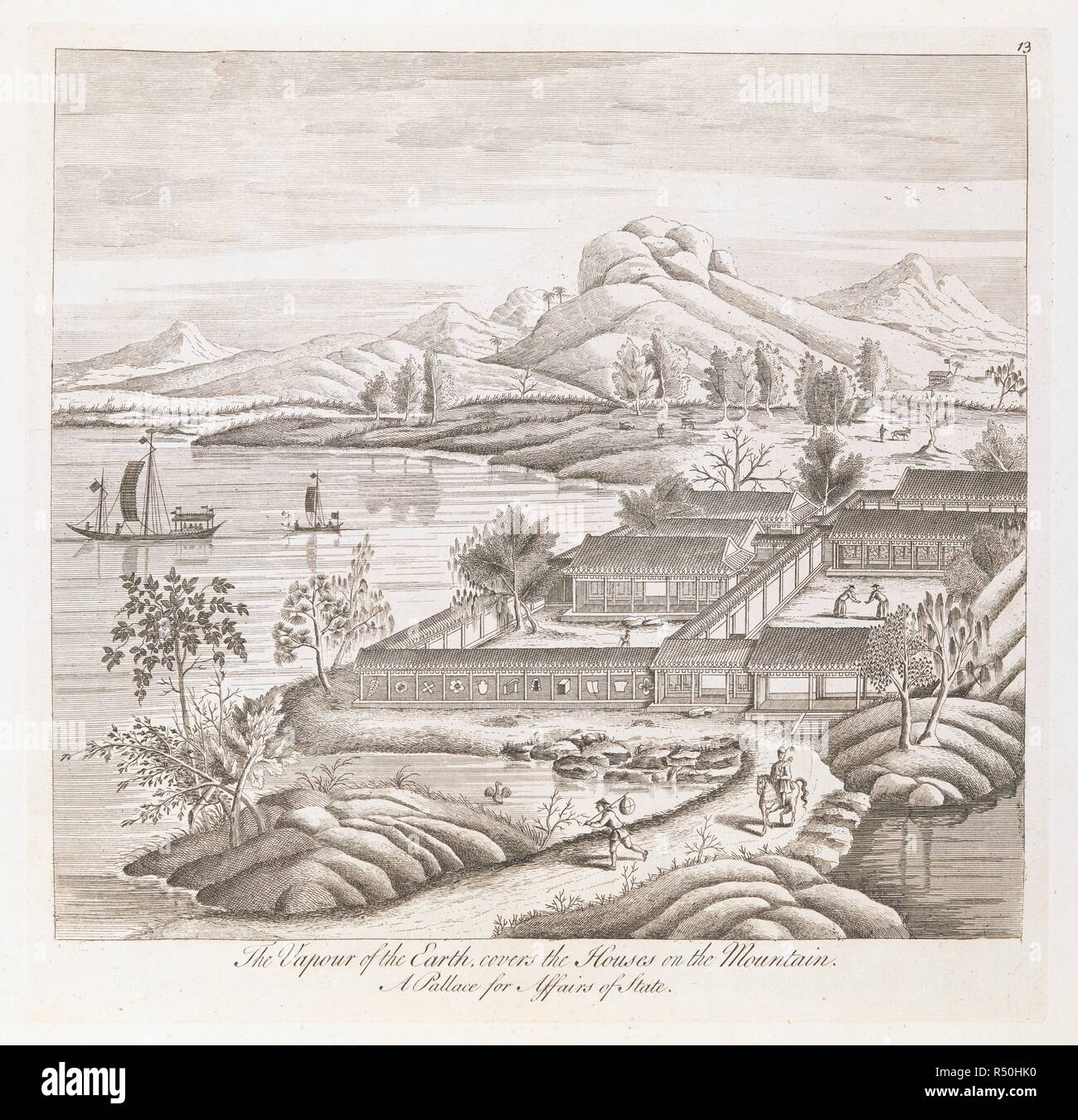 Una vista di tumuli con alberi e le navi a vela su un lago o fiume sulla sinistra e le figure su una strada che conduce al cortile edifici e una striscia di terra sulla destra. Un paesaggio con alberi e montagne sullo sfondo. La tensione di vapore della terra copre le case di montagna : Un Pallace per gli affari di Stato. [Londra] : [stampate per e venduto da Thomas Bowles, Giovanni Bellini, e il figlio Robert Sayer e Henry Overton], [1753]. attacco e incisione. Fonte: Mappe 7.tab.73, piastra 13. Lingua: Inglese. Foto Stock