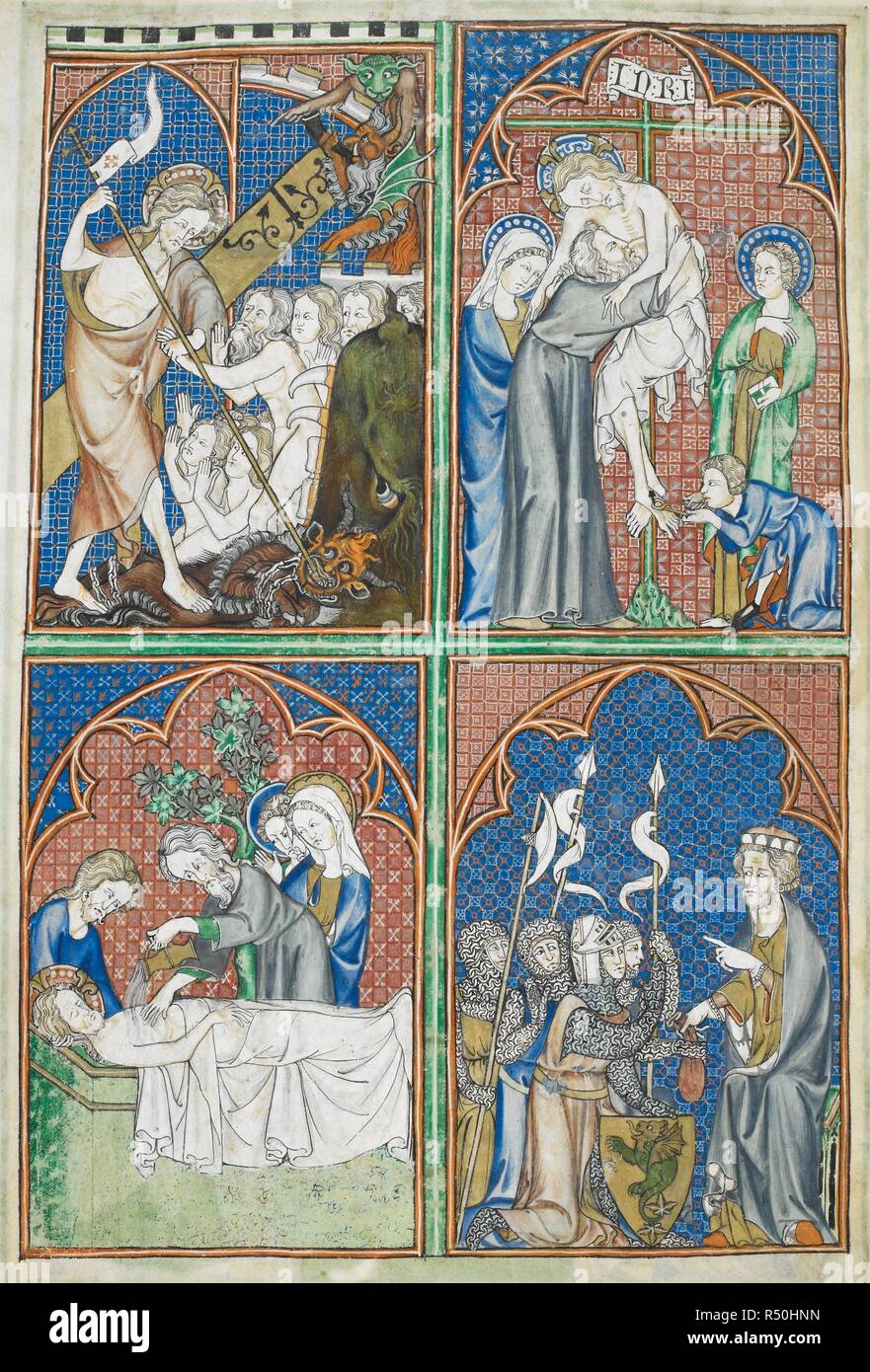 Quattro scene. La straziante di Inferno; Cristo, in presenza di diavoli jeering, conduce ad Adamo ed Eva dalla bocca dell'Inferno, mentre Lucifero, incatenato, è cosi' spesso calpestata. La Deposizione dalla Croce. Tumulazione; Giuseppe di Arimatea culle Cristo la testa mentre Nicodemo unge il corpo. Pilato e i soldati; Pilato passa un sacco di soldi per un soldato in ginocchio. Essi portare fiamme attaccata al loro lance e blasonate sul loro scudo è un drago, simbolo del male. Salterio di Robert de Lisle. Inghilterra [Londra?]; circa 1310. Fonte: Arundel 83, f.132v. Lingue: Latina. Autore: MADONNA MASTE Foto Stock