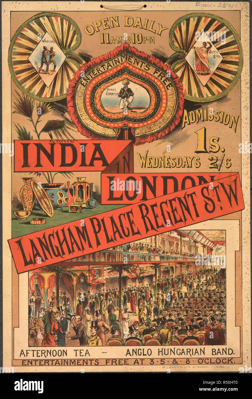 Langham Place. Una collezione di opuscoli da locandine, e la miscella. Londra, 1886. Un poster per un'esposizione quotidiana al Langham Place, Regent Street, Londra. I trattenimenti pubblicizzati sono un serpente incantatore; wrestling; una ragazza nautch; il tè pomeridiano e un Anglo banda ungherese. Immagine presa da una raccolta di opuscoli da locandine e stampati vari in materia di intrattenimento in stile vittoriano e la vita di tutti i giorni. Originariamente pubblicato/prodotto in Londra, 1886. . Fonte: Evan.2591,. Lingua: Inglese. Foto Stock