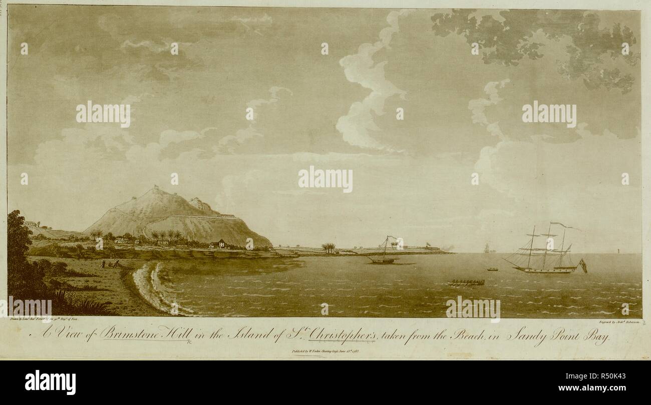 Onde che si infrangono sulla spiaggia e i pescatori in primo piano sulla sinistra, con le navi a vela sulla destra e ospita tra le palme ai piedi di Brimstone Hill al di là; una fortezza sulla cima della collina e sul Mare dei Caraibi in background. Una vista di Brimstone Hill nell'Isola di San Cristoforo : preso dalla spiaggia di Sandy Point Bay. [Londra] : pubblicato da W. Faden, Charing Cross, 23 giugno 1783. Fonte: Mappe K.Top.123.80.c. Lingua: Inglese. Autore: Forrest, il Tenente Colonnello Charles Ramus. Foto Stock