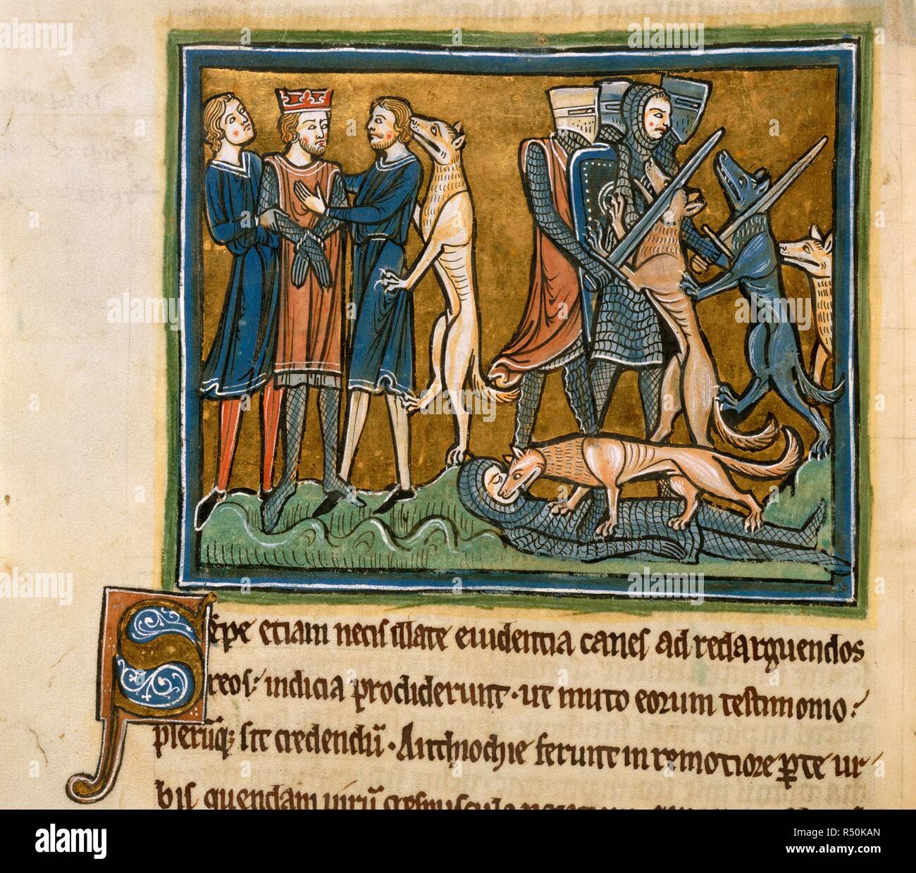Garamanti salvato da cani. Rochester bestiario. S. Inghilterra; circa 1230. (Solo in miniatura) re Garamanti, rapiti e minacciati di essere venduti in schiavitù, è liberato dalla sua confezione di duecento cani, che attaccano il re di rapitori. Immagine presa da Rochester bestiario. Originariamente pubblicato/prodotto in S. Inghilterra; circa 1230. . Fonte: Royal 12 F. XIII, f.30v. Lingue: Latina. Foto Stock