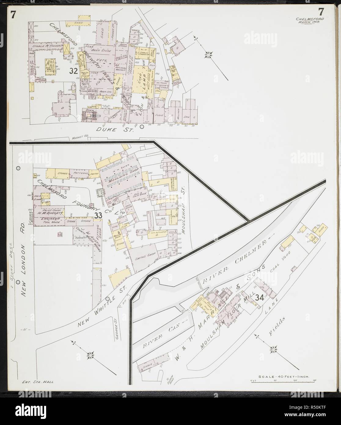 Mappa di Chelmsford Essex. Chelmsford Essex : [incendio piani di assicurazione]. Londra : Chas. E. Pungolo Limited, 1909. 63x54cm.; Scala [1:480]. 40ft = 1 pollici. Fonte: Mappe 149.b.29.(1) foglio 7. Foto Stock
