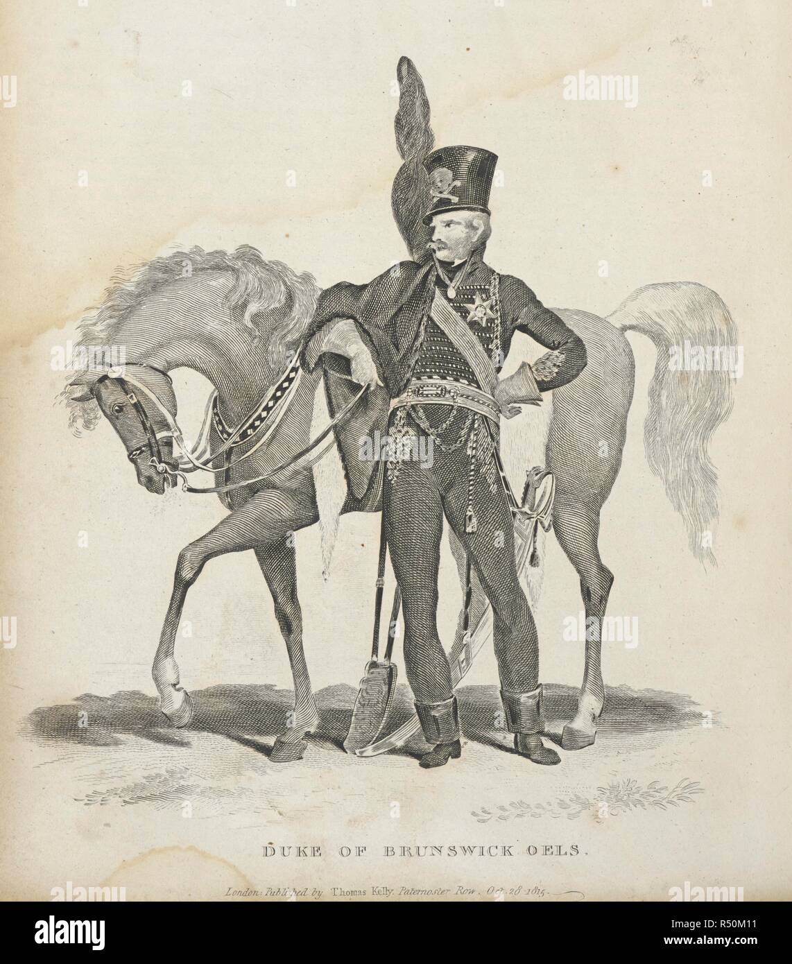 Il duca di Brunswick Oel. Federico Guglielmo duca di Brunswick-WolfenbÃ¼ttel (9 ottobre 1771 â€" 16 Giugno 1815) era un principe tedesco e il duca di Brunswick-LÃ¼neburg e Leo. Soprannominato 'Il Duca Nero', egli era un ufficiale militare che ha guidato il Black Brunswickers contro la dominazione napoleonica in Germania. Egli è stato ucciso da un colpo di pistola alla battaglia di QUATRE BRAS il 16 giugno. La storia della Rivoluzione Francese e delle guerre prodotte da tale evento ... ...; e la ... La battaglia di Waterloo. Londra : T. Kelly, 1820-22. Fonte: 9525.f.1 volume 2 piastra opposto pagina 403. Autore: Christopher Kelly. Foto Stock