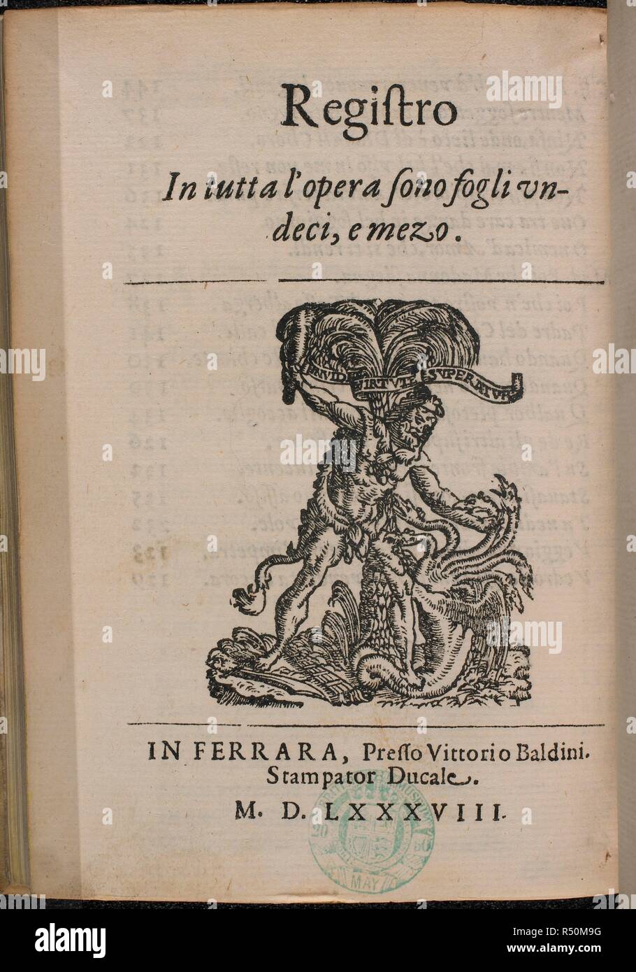 Una figura che uccide un multi-guidato bestia. Rime deglâ€™illustrissimi SIG. Academici Eterei, ecc. [Curato da Alfonso Caraffa.]. Ferrara : Vittorio Baldini, 1588. Fonte: 1481.DDD.1, torna alla pagina precedente. Foto Stock