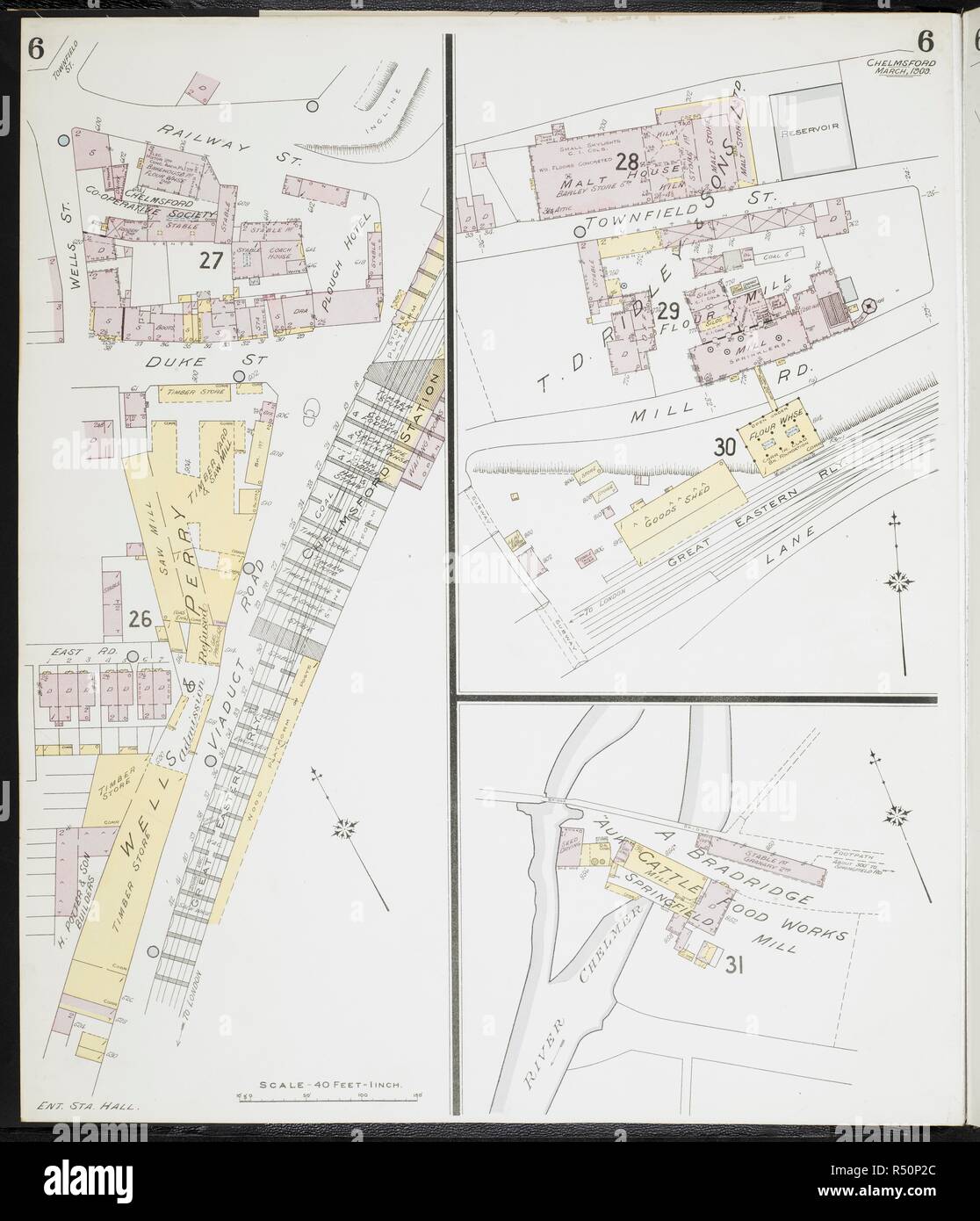 Mappa di Chelmsford Essex. Chelmsford Essex : [incendio piani di assicurazione]. Londra : Chas. E. Pungolo Limited, 1909. 63x54cm.; Scala [1:480]. 40ft = 1 pollici. Fonte: Mappe 149.b.29.(1) foglio 6. Foto Stock