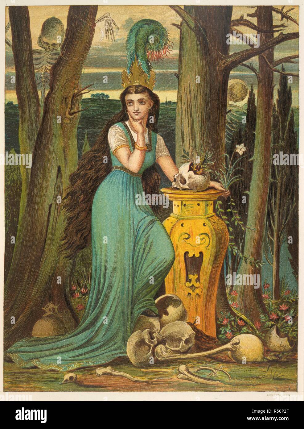 Giovane donna in un abito verde. Fairy Tales ... Illustrato da dodici grandi design. Sampson bassa & Co.: Londra, 1872 [1871]. Una giovane donna che indossa un abito verde appoggiato su di un grande vaso. Un certo numero di teschi sono intorno a lei. Immagine presa da favole illustrato da dodici grandi disegni a colori dopo disegni originali di E. V. B. [ossia l'on. La sig.ra Boyle]. Recentemente tradotto da H. L. D. Ward e Augusta Plesner... Originariamente pubblicato/prodotto in Sampson bassa & Co.: Londra, 1872 [1871]. . Fonte: 1871.c.20, 30. Lingua: Inglese. Foto Stock