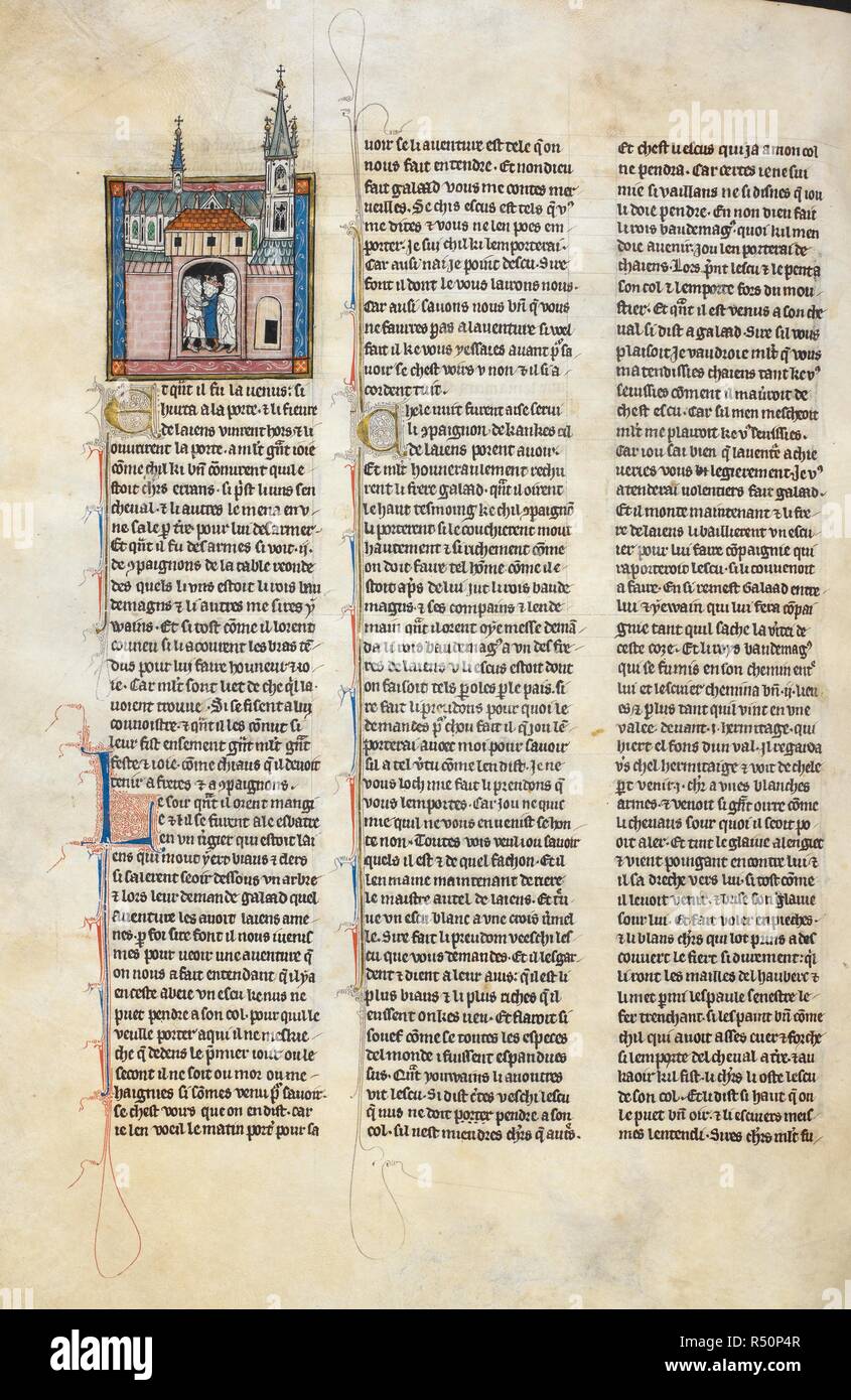 Mostra miniatura Galahad abbracciando re Mordrain in una abbazia di monaci bianchi. La Queste del Saint Graal. Francia (Piccardia?); inizio del XIV secolo (1300-1315?). Fonte: Royal 14 E. III, f.93v. Lingua: Francese. Foto Stock