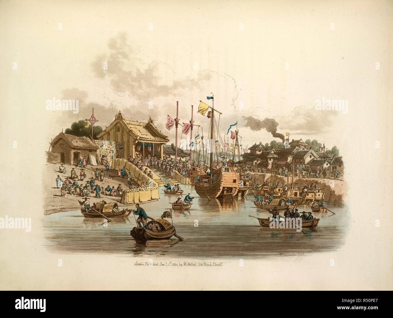 Cinese le navi a vela. Il Costume di Cina. Illustrato nelle quarantotto incisioni colorate. [Con stampa in rilievo descrittivo e un ritratto.]. William Miller: Londra, 1805. Fonte: 142.f.16 parte 2, la piastra 4. Autore: Alexander, William. Foto Stock