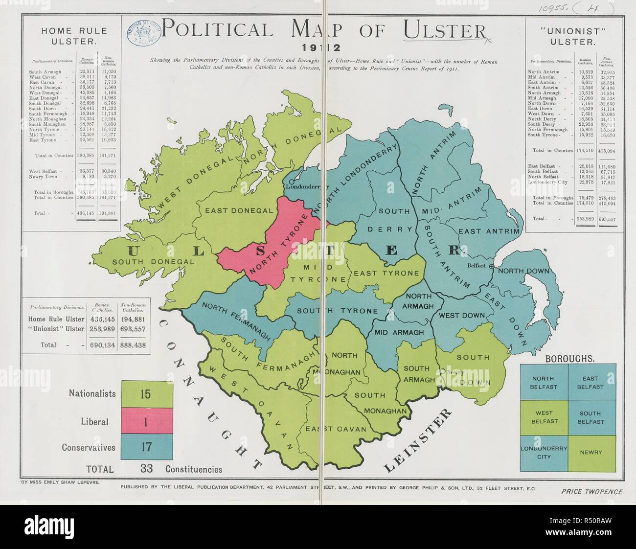 Ulster. Mappa Politico di Ulster ... Da Miss Emily Shaw Lef. [Londra] : il liberale dipartimento di pubblicazione, 191. Fonte: maps.10955.(4). Lingua: Inglese. Foto Stock