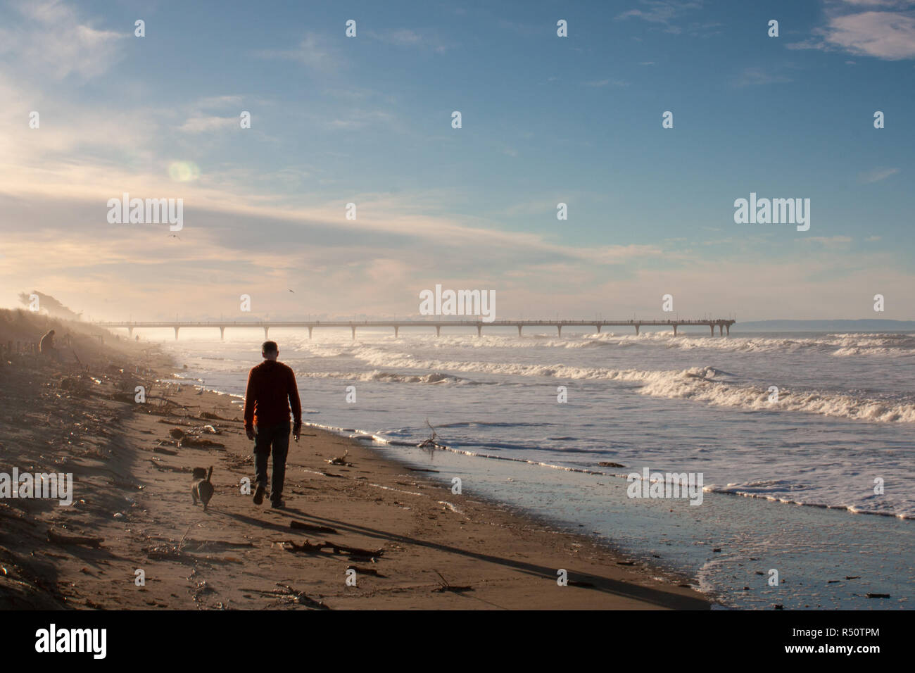 Un uomo cammina il suo cane lungo la spiaggia di sabbia in una domenica pomeriggio Foto Stock