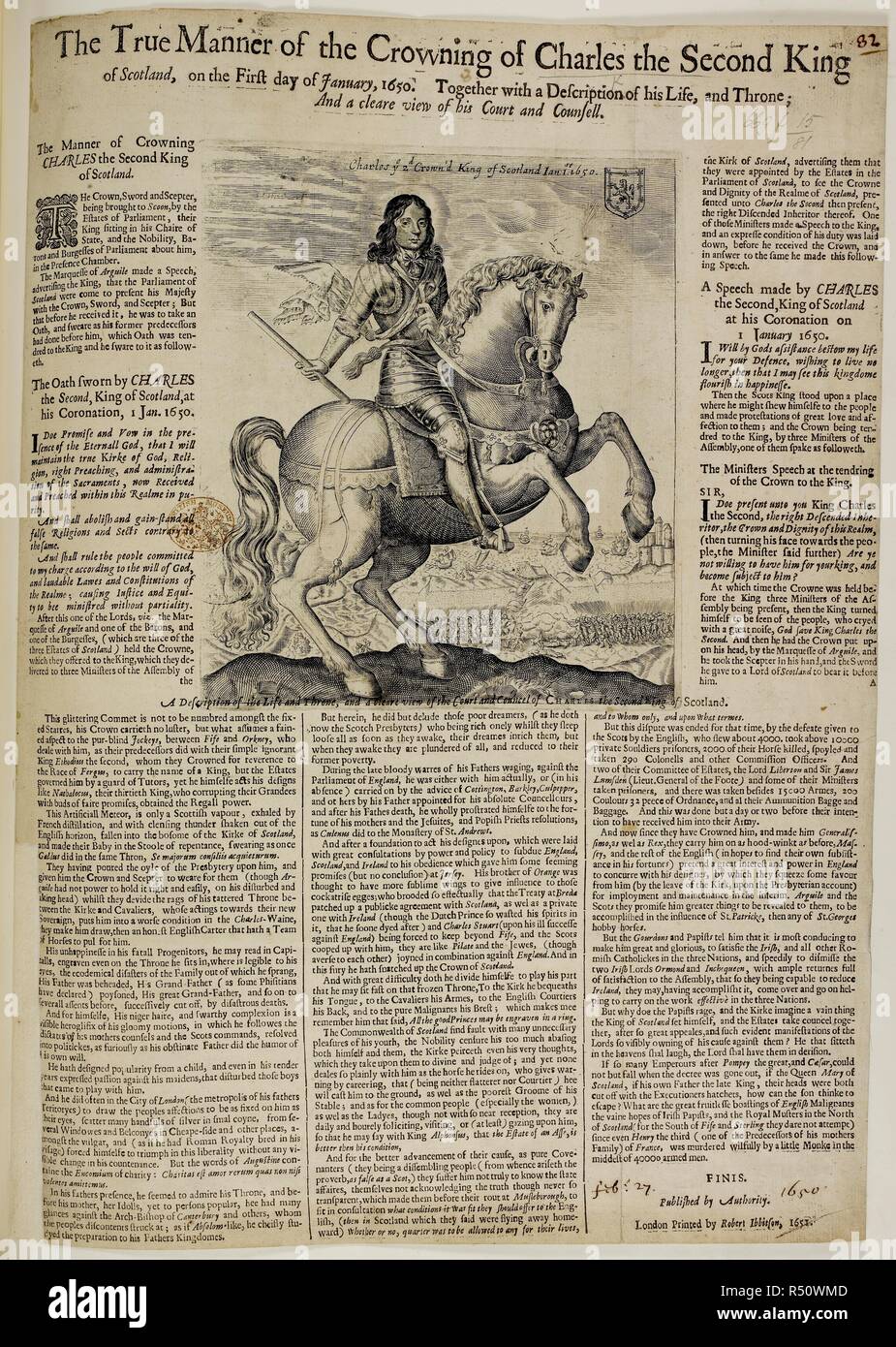 Carlo II, re di Gran Bretagna e Irlanda (1630-85). La figura a cavallo. Il testo. Il modo vero di incoronazione di Carlo secondo re di Scozia, il primo giorno del mese di gennaio, 1650. Stampato da Robert Ibbitson: Londra, 1651. Fonte: 699.f.15.(81). Lingua: Inglese. Foto Stock