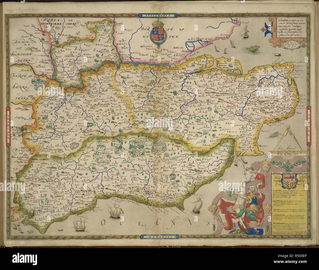 Il Sussex e Kent. Un atlante di Inghilterra e Galles, contenente 35 colori. Londra, 1579. Una mappa del Sussex e Kent, con parti di Essex, Buckinghamshire, Bekshire, Hampshire e del Middlesex. Immagine presa da un atlante di Inghilterra e Galles, contenente 35 mappe colorate, disegnata da Christopher Saxton e inciso da A. Ryther, R. Hogenberg, C. Hogius, N. Reynolds, L. Terwoort e F. Scatter. Originariamente pubblicato/prodotta nel 1579. Fonte: maps.C.3.bb.5, f.11. Lingua: Inglese. Foto Stock