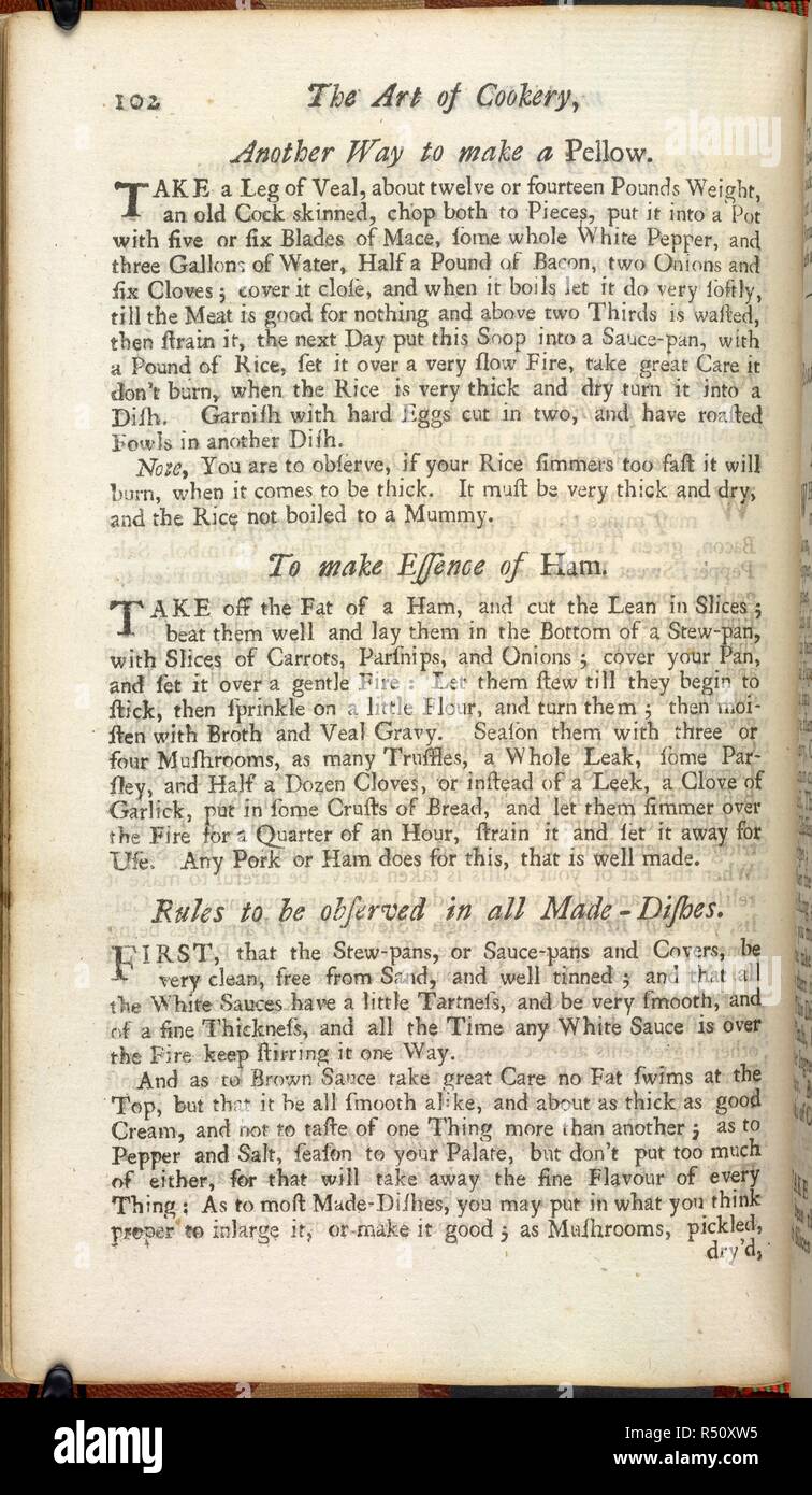 Rendendo un pellow e l'essenza del prosciutto. L'arte culinaria ... Da una signora. Londra, 1747. Fonte: 1485.pp.18,. Lingua: Inglese. Autore: Glasse, Hannah. Foto Stock