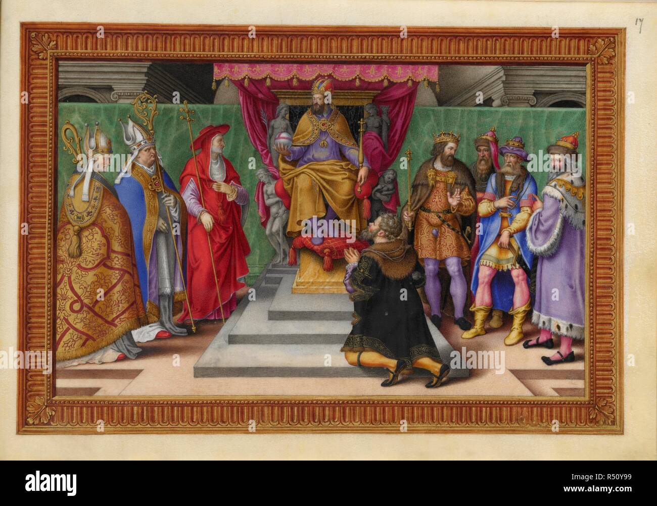 Una collezione di nobili e degli ecclesiastici e il Sacro Romano Imperatore sul suo trono. Un uomo in ginocchio. Una vittoria militare dell'Imperatore Carlo V di Spagna. . Una serie di dodici miniature che illustrano le vittorie dell'Imperatore Carlo V. con quatrains descrittivo in spagnolo. Anversa. Una serie di dodici miniature che illustrano le vittorie dell'Imperatore Carlo V. con quatrains descrittivo in spagnolo. Ogni miniatura, compreso un bordo di 3/4 pollici di larghezza, misure 10 1/4 pollici in lunghezza da 7 cm di altezza ed è dipinto sul recto di una foglia di pergamena, 11 1/2 x 8 poll. Fonte: Aggiungi. 33733 f.17. Foto Stock