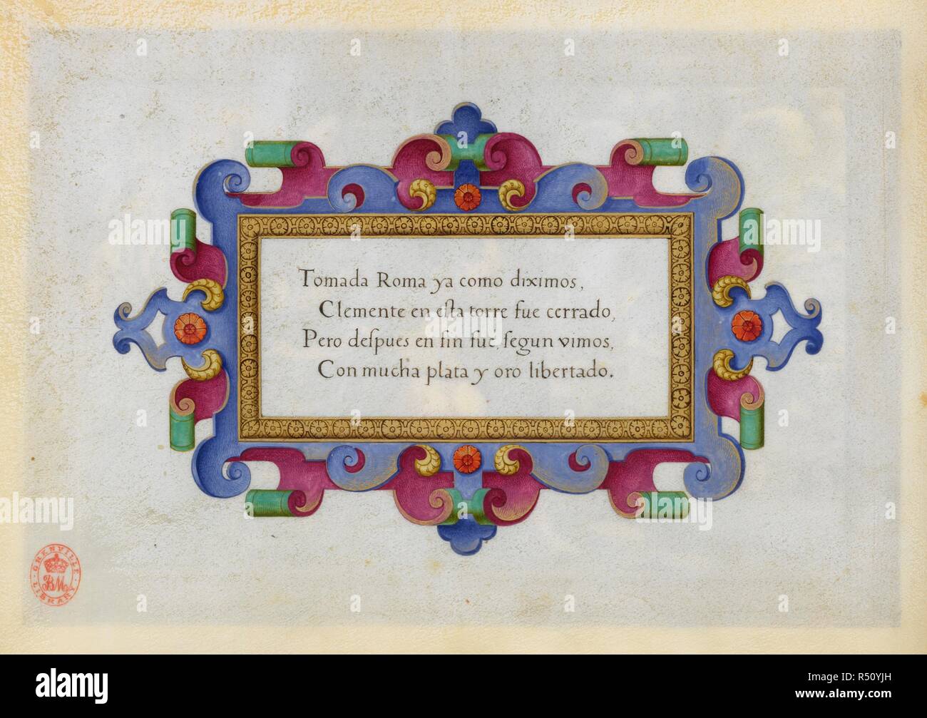 Una rotellina di scorrimento con i dettagli di una delle vittorie militari dell'Imperatore Carlo V di Spagna. . Una serie di dodici miniature che illustrano le vittorie dell'Imperatore Carlo V. con quatrains descrittivo in spagnolo. Anversa. Una serie di dodici miniature che illustrano le vittorie dell'Imperatore Carlo V. con quatrains descrittivo in spagnolo. Ogni miniatura, compreso un bordo di 3/4 pollici di larghezza, misure 10 1/4 pollici in lunghezza da 7 cm di altezza ed è dipinto sul recto di una foglia di pergamena, 11 1/2 x 8 poll. Fonte: Aggiungi. 33733 f.7v. Lingua: Spagnolo. Foto Stock