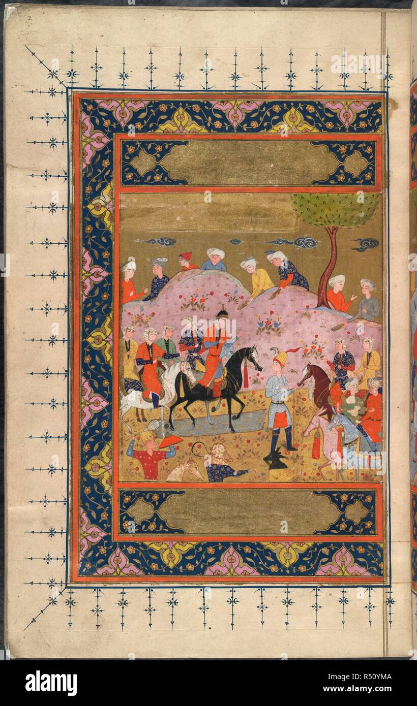 Un giovani armati. Shahnama di Firdausi, con 4 inserito miniature. 1550 - 1575. Un giovani armati a cavallo per soddisfare una principessa montato. In primo piano la metà di sinistra sono due buffoons in maschere di animali. Un po' sfregato. Ciascuna metà 15,5 da 13,5 cm. Acquerello opaco. Safavid/Shiraz stile. Immagine presa da Shahnama di Firdausi, con 4 inserito in miniatura.. Originariamente pubblicato/prodotto in 1550 - 1575. . Fonte: i.o. 119 islamica, f.2. V.o. persiano. Foto Stock