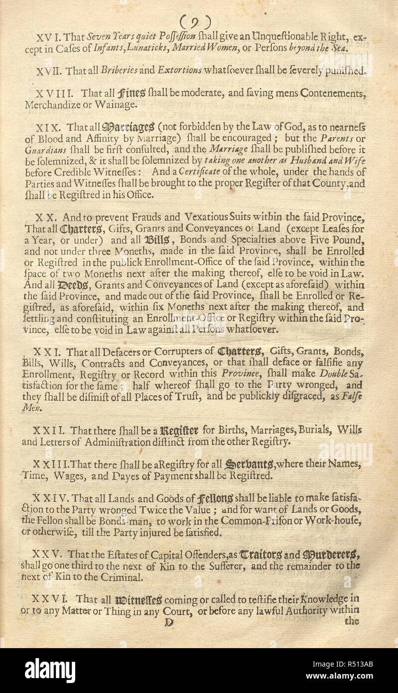 Il telaio del governo della Pennsylvania. Avendo ricevuto un sostanziale concessione di terre nel 1681 in quello che sarebbe diventato noto come Pennsylvania, William Penn impostato su escogitare una costituzione per la sua nuova colonia, che divenne il telaio del governo della Pennsylvania. Tale documento e i suoi disegni â€˜Leggi concordato in Englandâ€™, conteneva molte disposizioni basate su Magna Carta, comprese che â€˜tutte le ammende devono essere moderateâ€™ (legge XVIII). Legge XVIII a sua volta riflette la clausola 20, affermando che le ammende devono essere proporzionate al reato commesso. Questa era la prima volta che un americano col Foto Stock