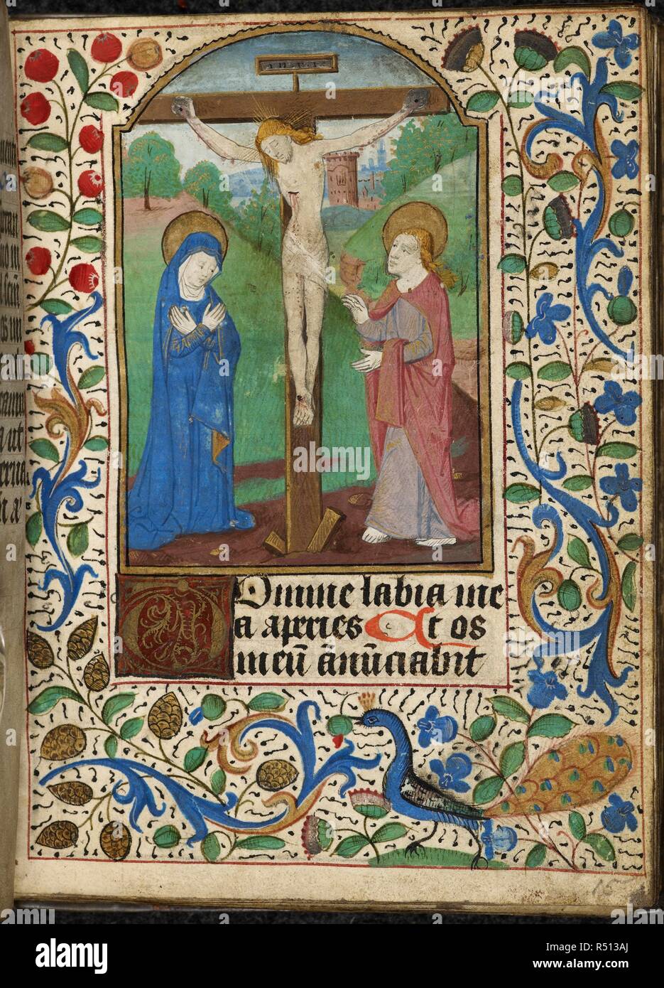 Una scena religiosa. La crocifissione. Cristo sulla croce con due persone che scrutano. La Vergine Maria. Libro d Ore, uso di Troyes. Francia, N. E. (Troyes?). Francia, N. E. (Troyes?); c. 1460-1470. Fonte: Harley 3180 f.15. Lingua: Latino e francese. Foto Stock