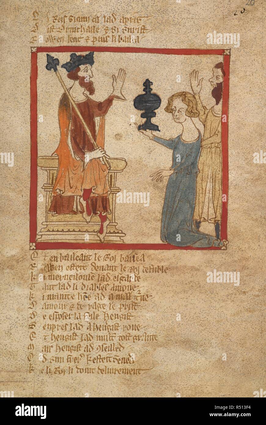 Rowena Vortigern dà il wassail cup. Romanzi in francese versetto ... Il XIV secolo. Fonte: Egerton 3028 f.20. Autore: Wace, Canon di Bayeux. Foto Stock