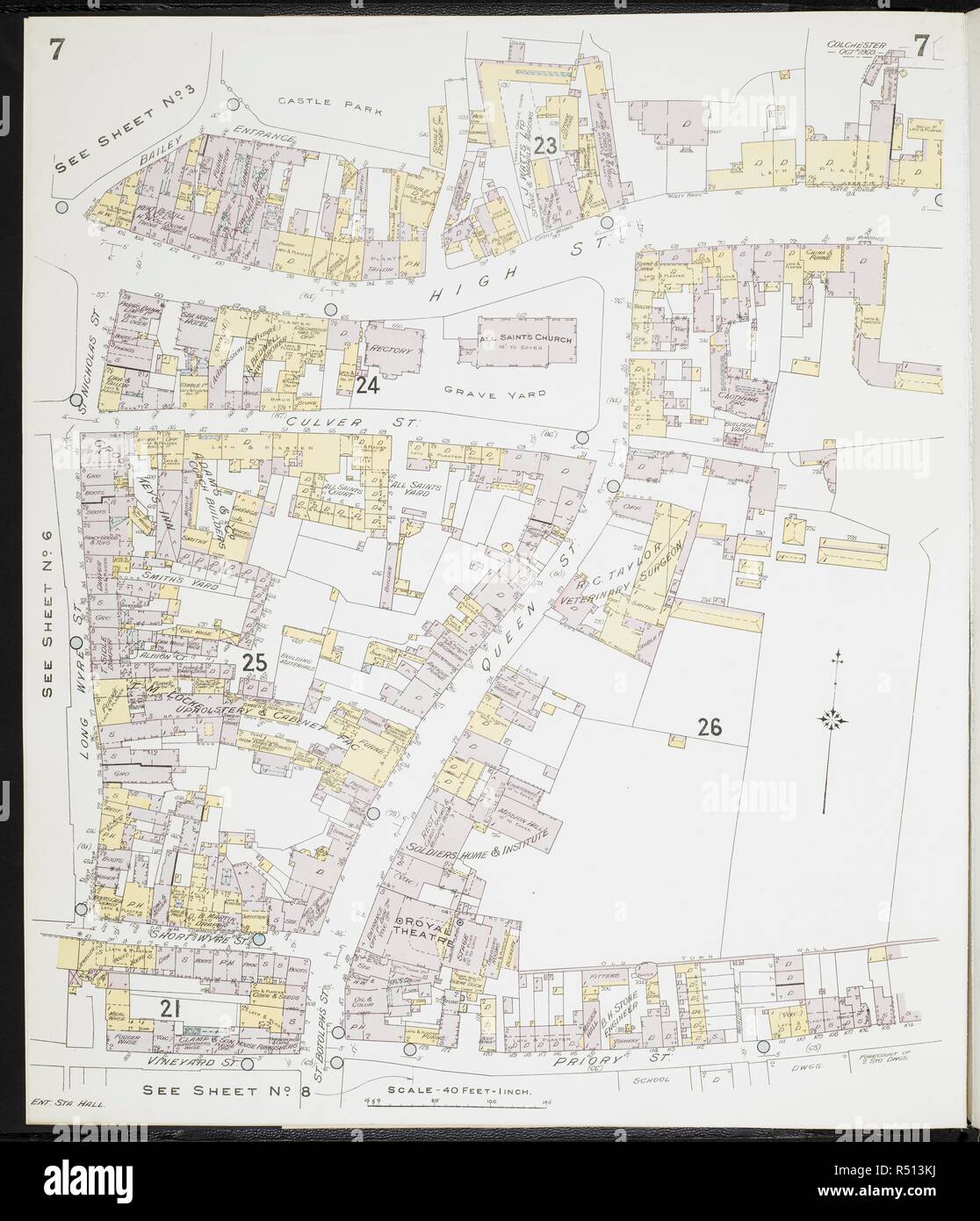 Mappa di Colchester, Essex. Colchester, Essex) : [incendio piani di assicurazione]. Londra : Chas. E. Pungolo Limited, 1909. 63x54cm.; Scala [1:480]. 40ft = 1 pollici. Fonte: Mappe 149.b.29.(2) foglio 7. Foto Stock