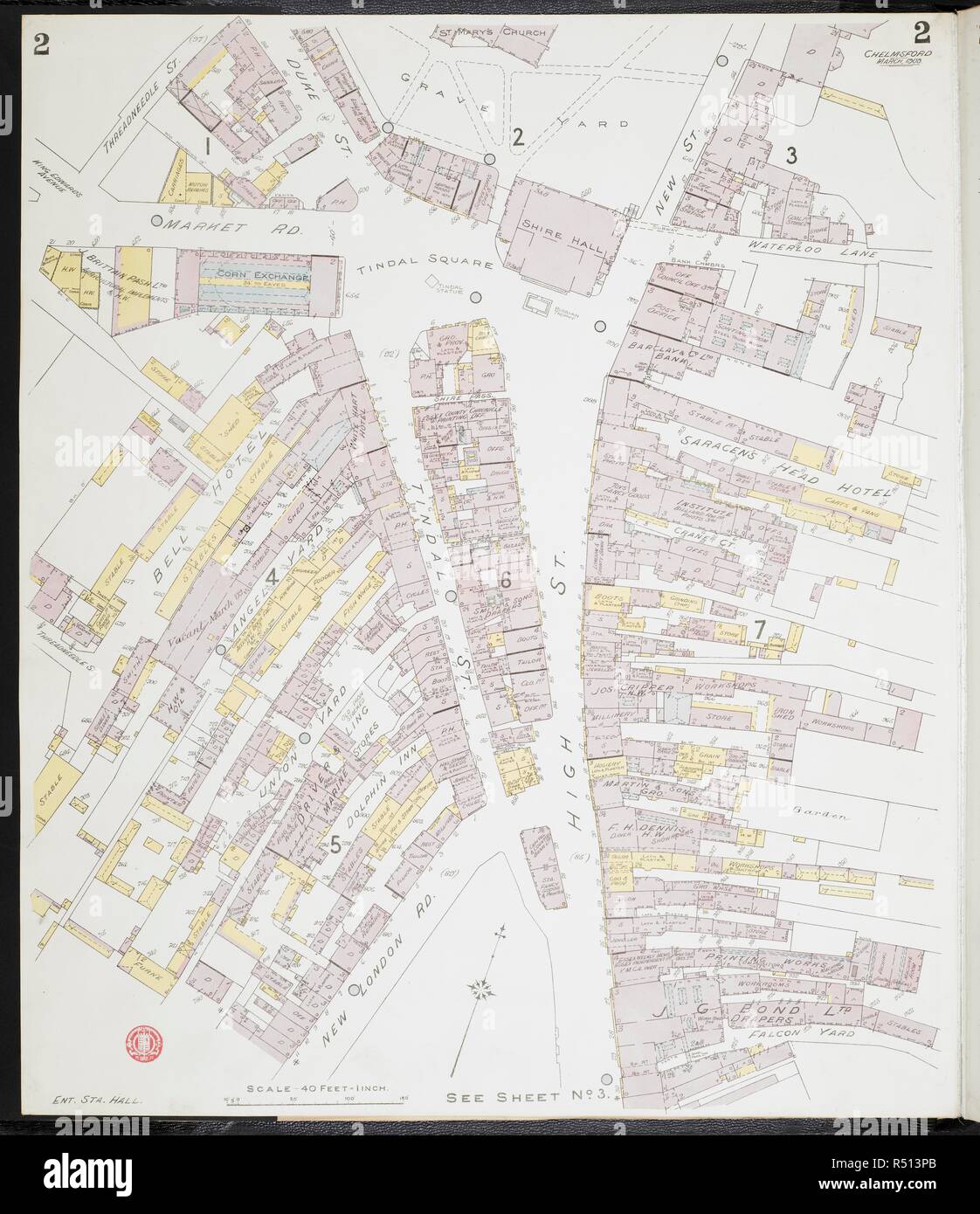 Mappa di Chelmsford Essex. Chelmsford Essex : [incendio piani di assicurazione]. Londra : Chas. E. Pungolo Limited, 1909. 63x54cm.; Scala [1:480]. 40ft = 1 pollici. Fonte: Mappe 149.b.29.(1) foglio 2. Foto Stock