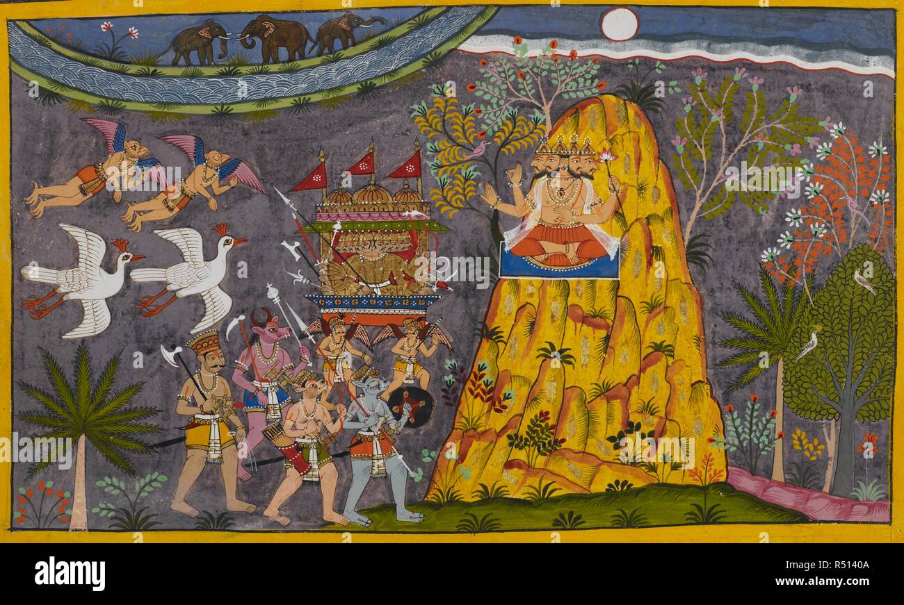 Visite Ravana la luna. Ravana ascende superiore e superiore, viaggiando  attraverso la sorgente del Gange dove gli elefanti frolic in sacre acque,  raffigurato nell'angolo in alto a sinistra. Due garudas e due