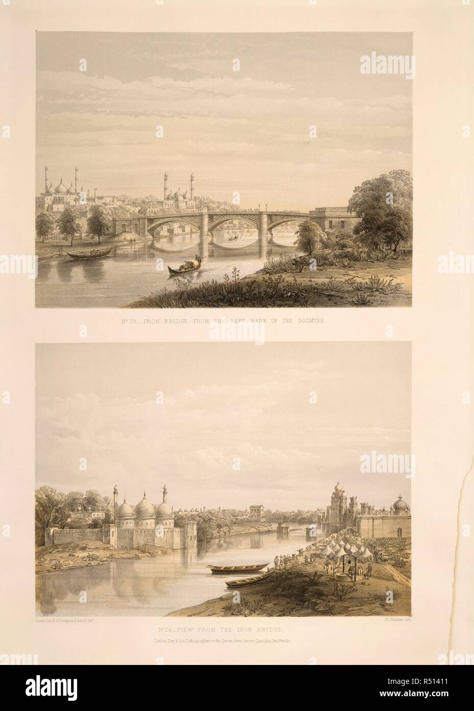 Lucknow- No.23. Ponte in ferro, dalla riva sinistra del Goomtee. 24. Vista dal ponte di ferro. Dedicato a ... Sir James Outram. ... Viste generali e particolari punti di interesse della città di Lucknow, da disegni realizzati in loco da D. S. D., con note descrittive. Londra, 1860. Fonte: 1781.c.13, figure 23, 24. Lingua: Inglese. Autore: Dodgson, D. S. Foto Stock