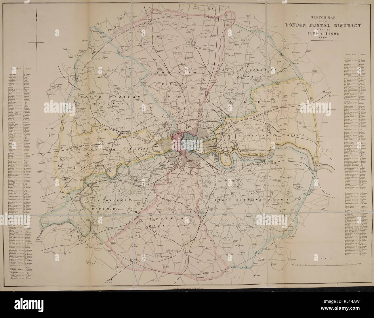 Schizzo può della Londra Distretto postale. Schizzo può della Londra distretto postale, con le sue suddivisioni. [Da] E. Stanford. Londra, 1856. Fonte: maps.3485.(12). Autore: Stanford, Edward. Foto Stock
