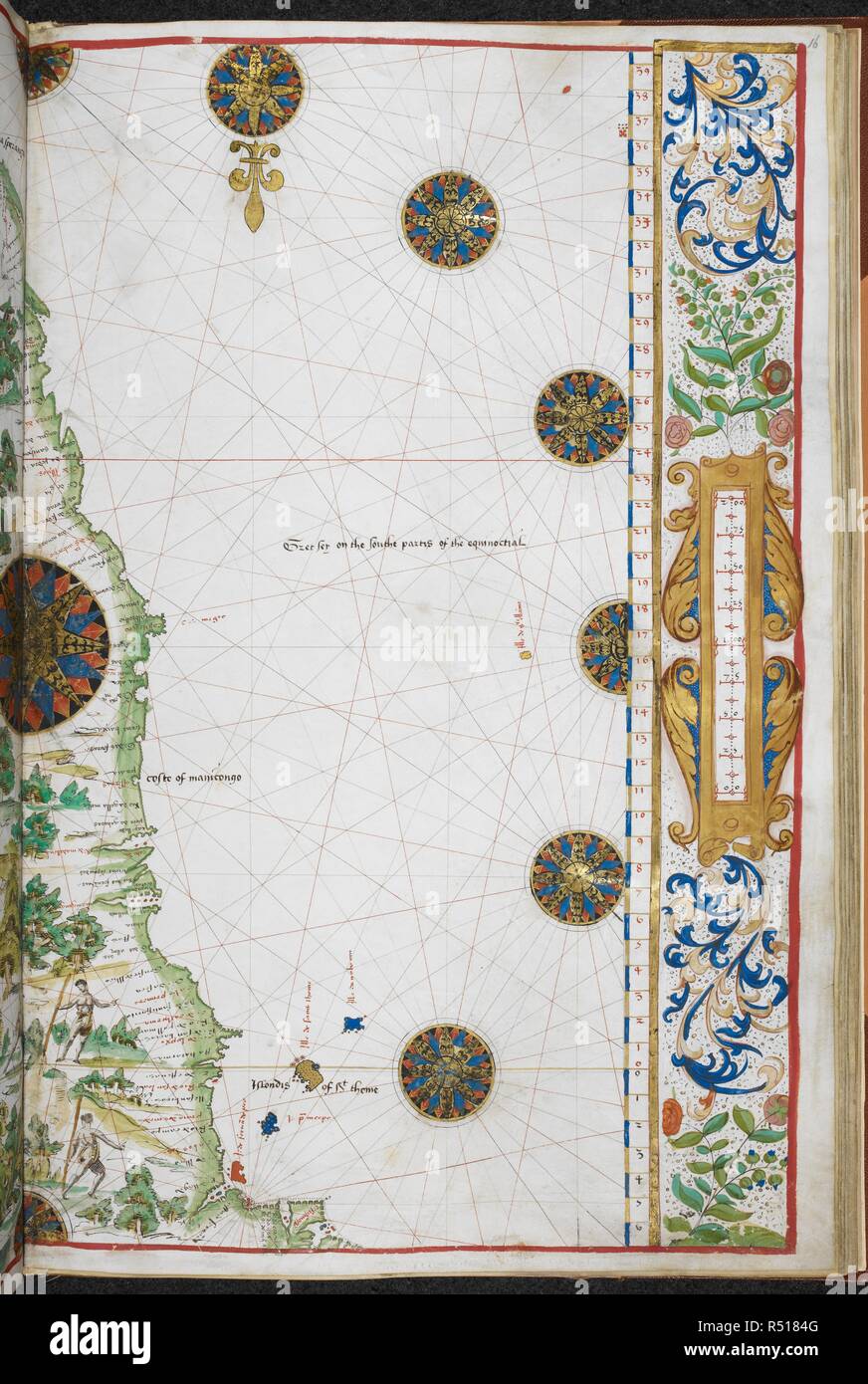Grafico del Sud Africa da 15Å' a sud sulla costa est a 6Å' nord sulla costa ovest. Jean Rotz, Boke di Idrography (l 'Rotz Atlas'). c 1535-1542. Fonte: Royal MS 20 E IX f.16. Lingua: Francese e Inglese. Foto Stock