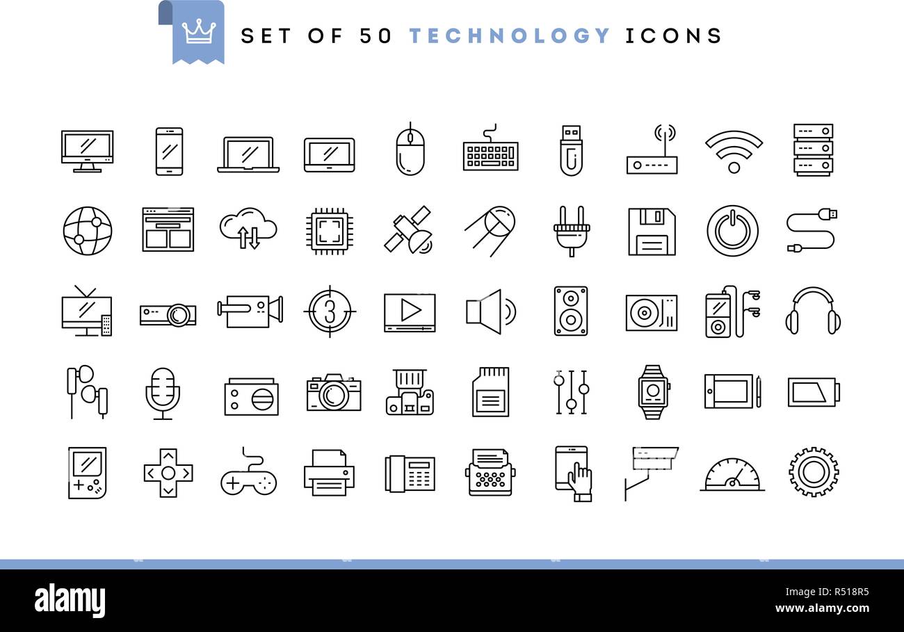 Set di 50 icone della tecnologia, sottile stile linea Illustrazione Vettoriale