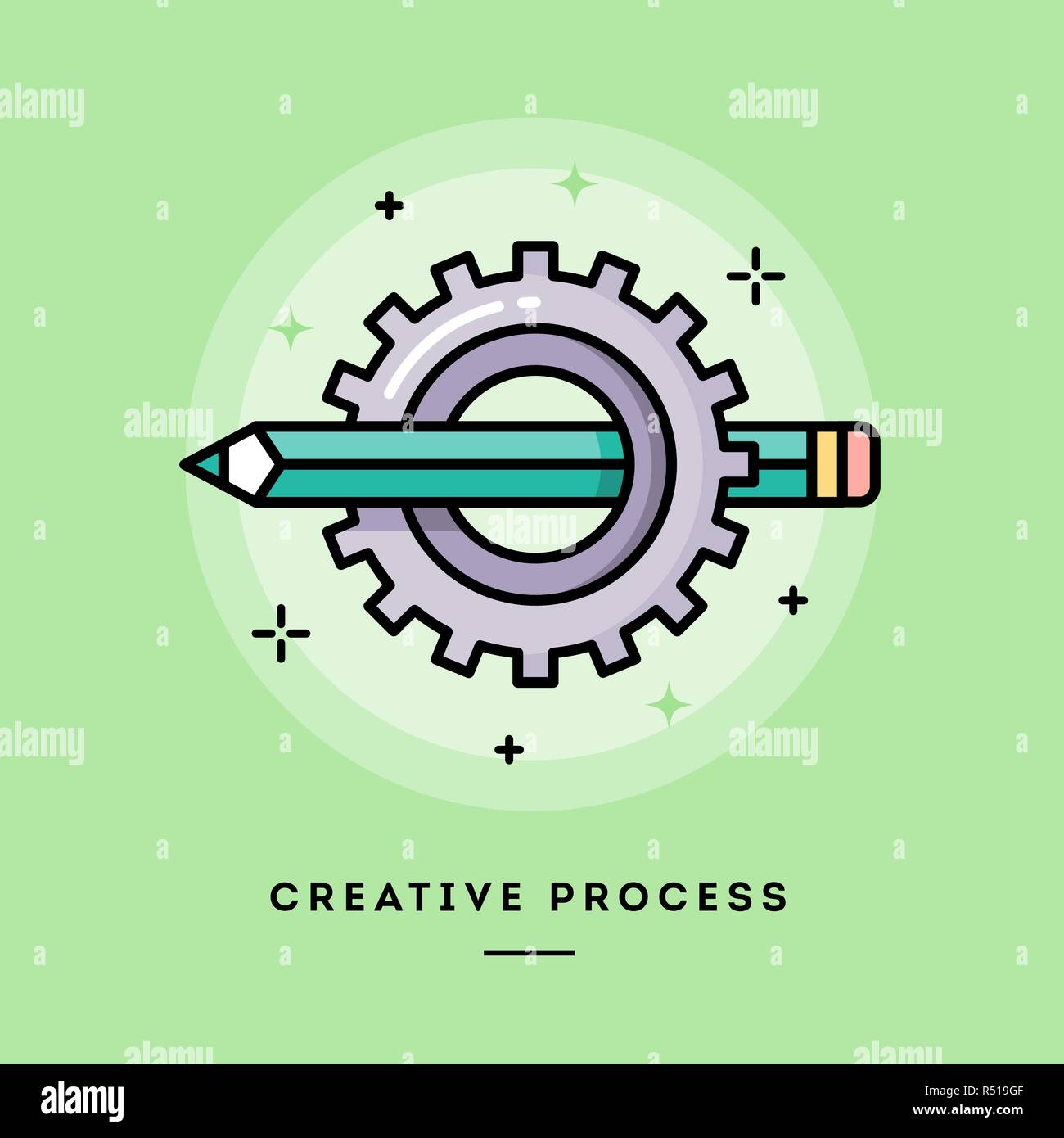 Processo creativo, design piatto sottile linea banner Illustrazione Vettoriale