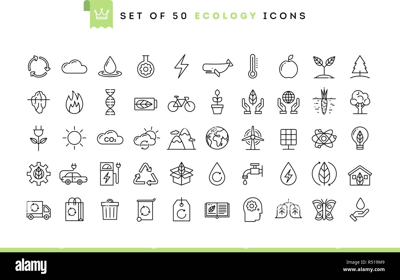Set di 50 icone di ecologia, sottile stile linea Illustrazione Vettoriale